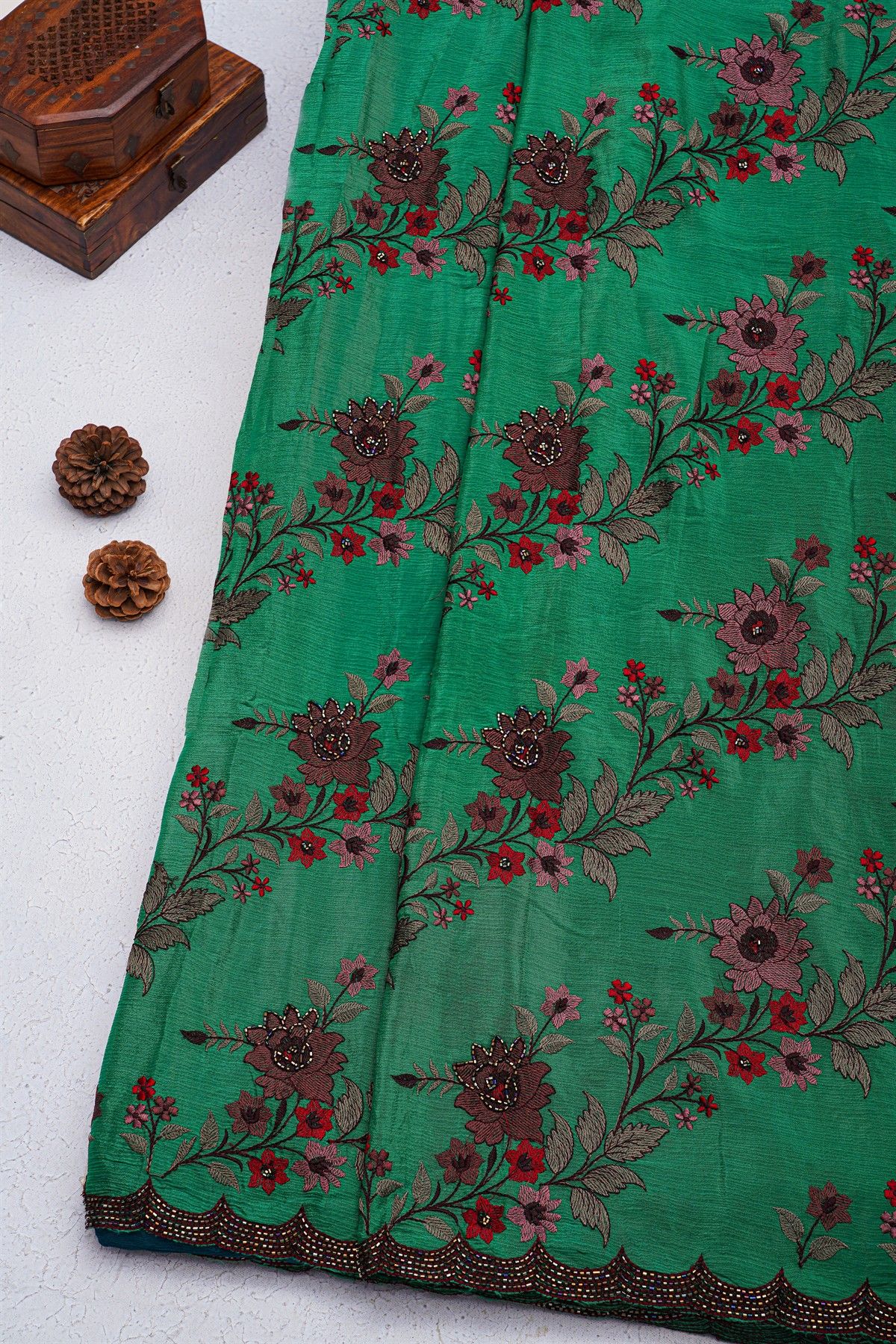 Fancy Georgette Peacock Green Saree With Weaves Design In Kardana Work Border