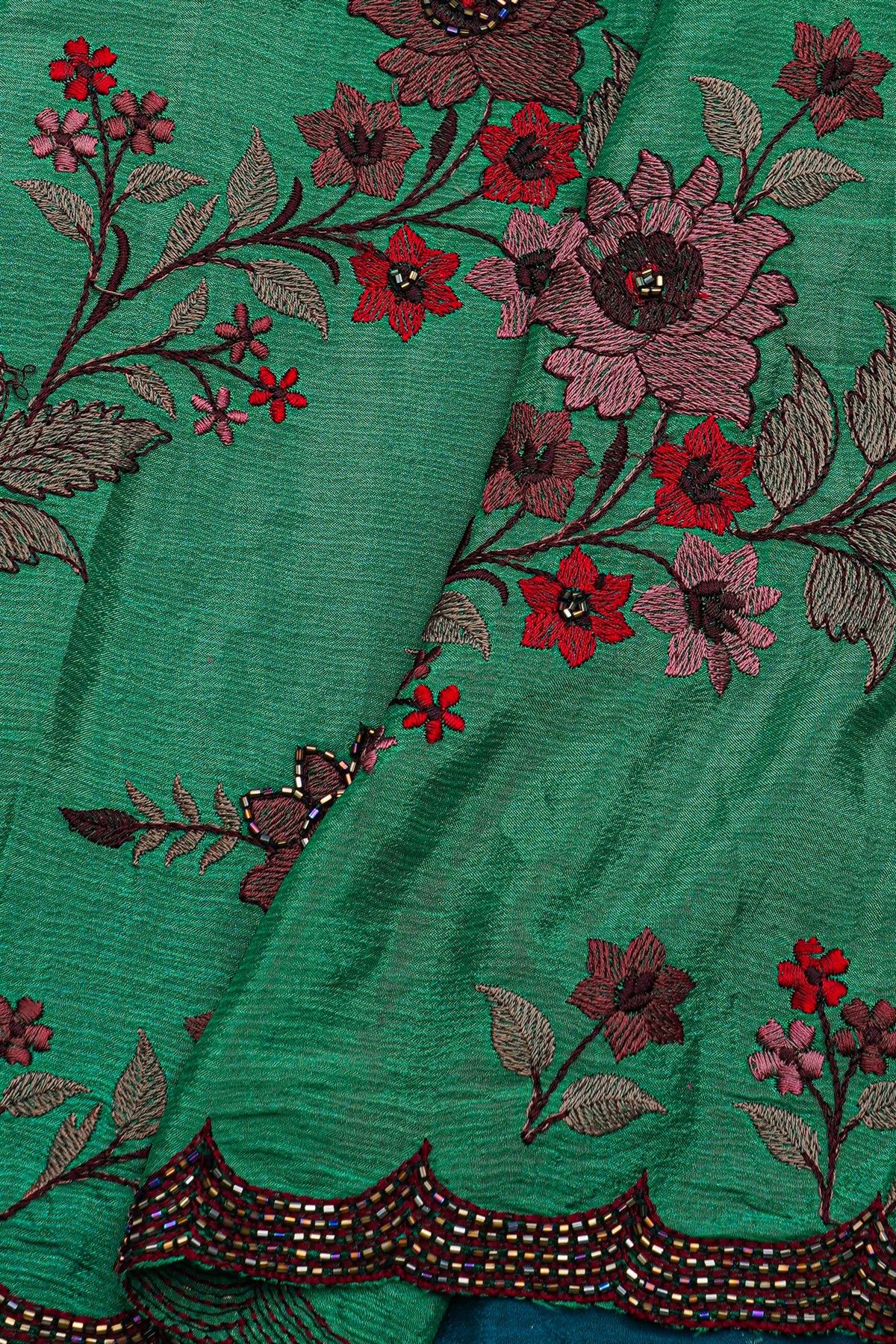 Fancy Georgette Peacock Green Saree With Weaves Design In Kardana Work Border