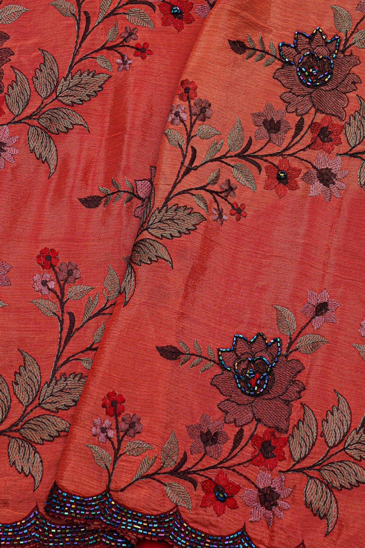 Fancy Georgette Peach Saree With Weaves Design In Kardana Work Border