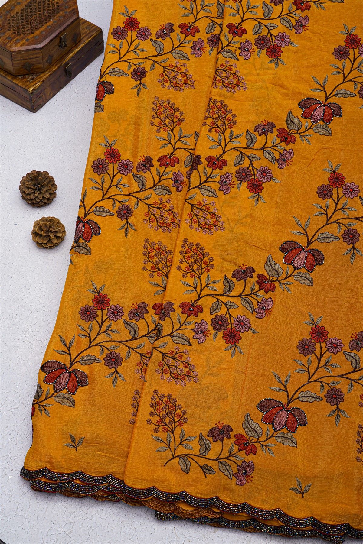 Fancy Georgette Mustard Saree With Weaves Design In Kardhana Work Border