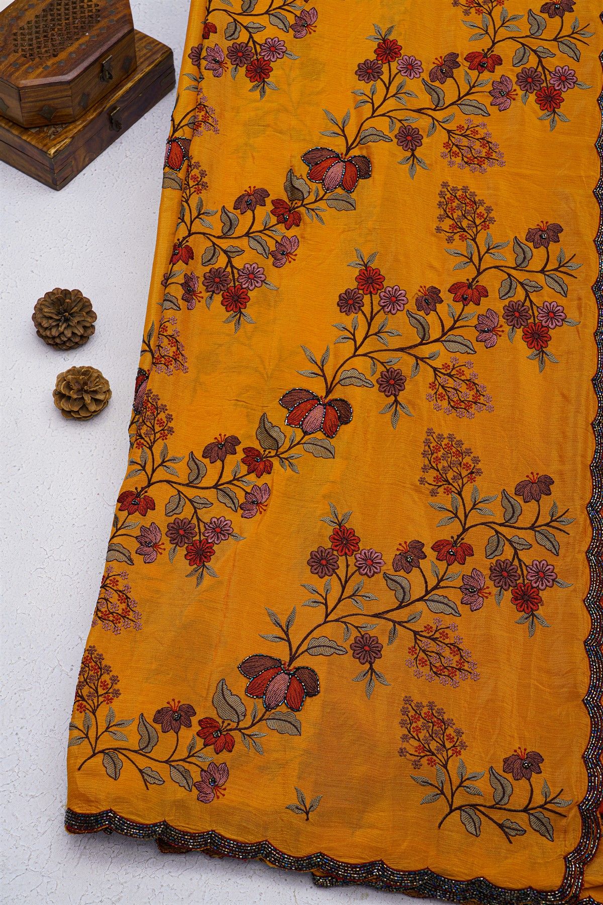 Fancy Georgette Mustard Saree With Weaves Design In Kardhana Work Border
