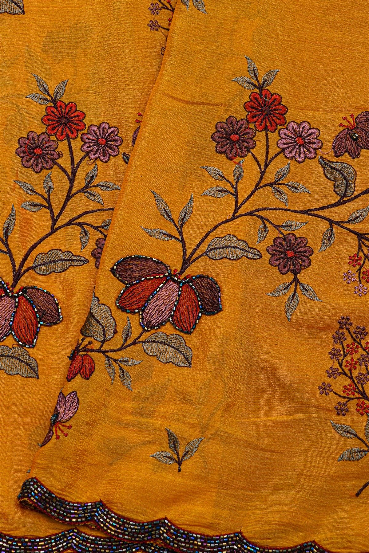 Fancy Georgette Mustard Saree With Weaves Design In Kardhana Work Border
