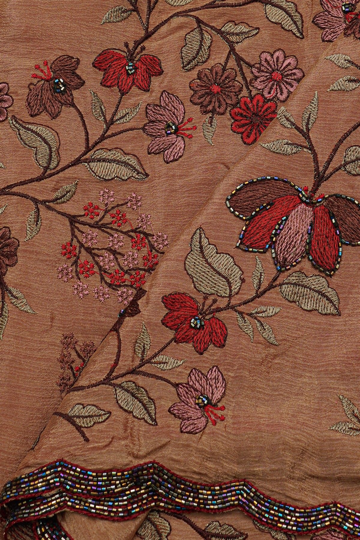 Designer Georgette Rust Saree With Weaves Design In Kardhana Work Border