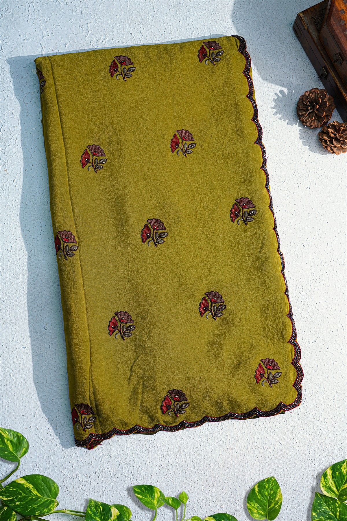 Designer Georgette Mehendi Green Saree With All Over Flower Design