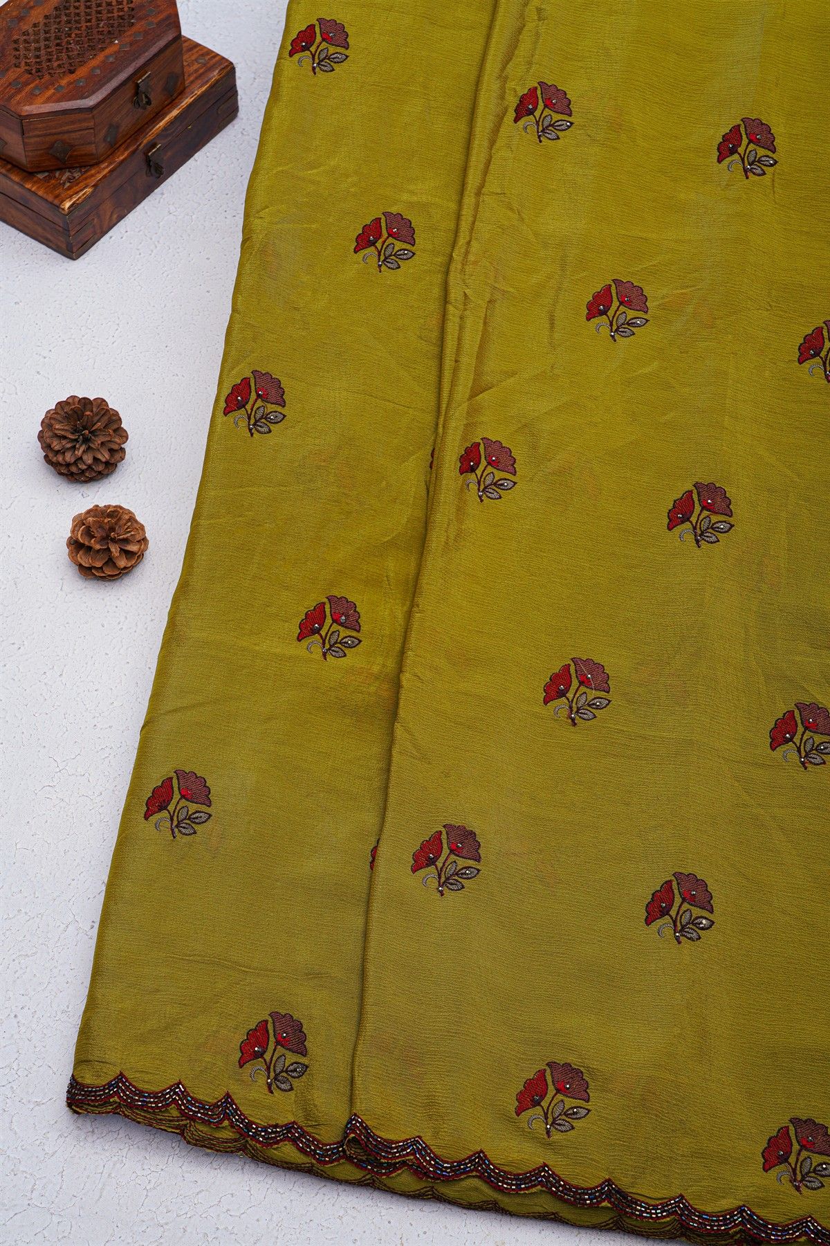 Designer Georgette Mehendi Green Saree With All Over Flower Design