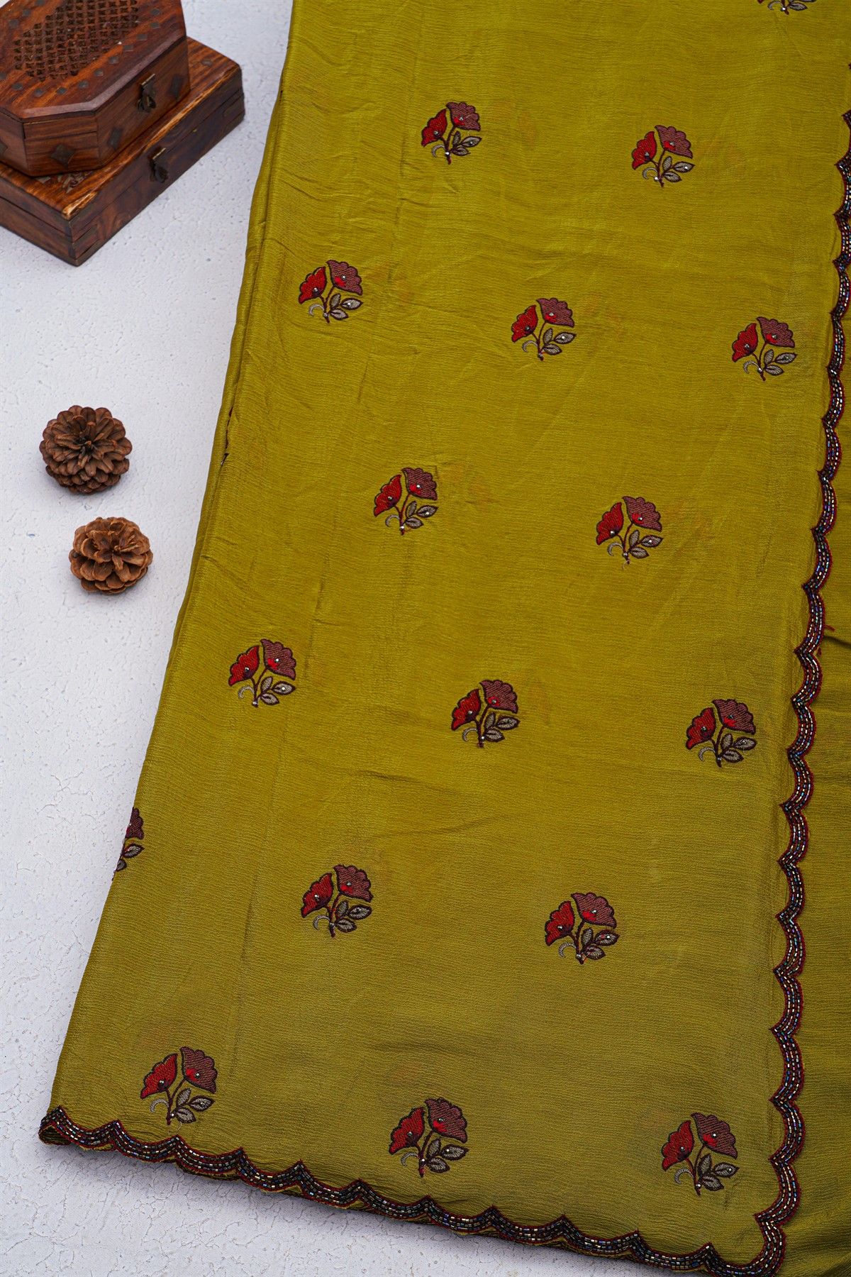 Designer Georgette Mehendi Green Saree With All Over Flower Design