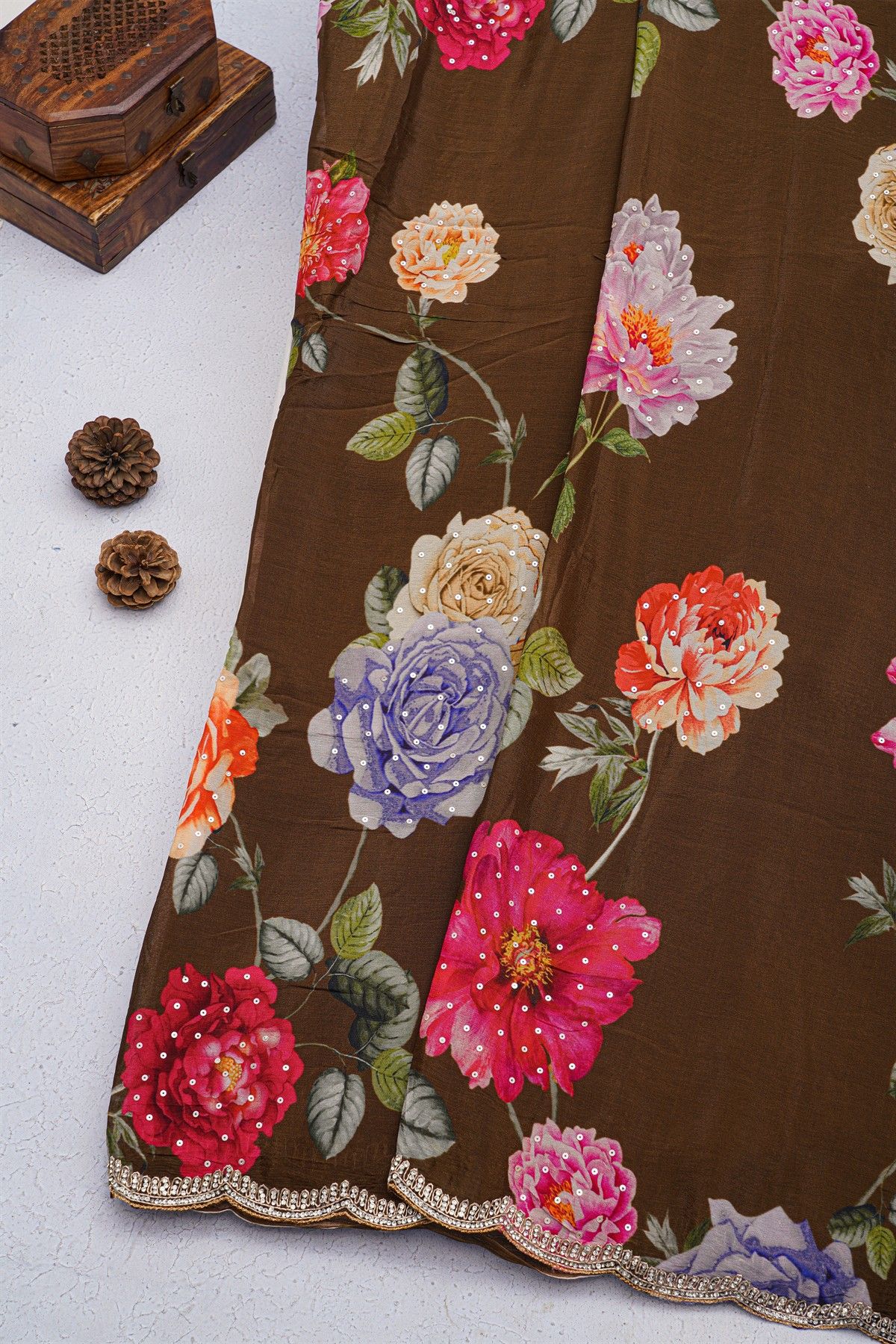 Designer Georgette Brown Saree With Florals And Diamonds With Kardhana Work Border