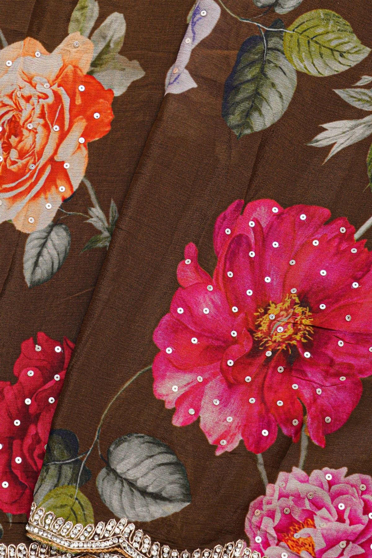 Designer Georgette Brown Saree With Florals And Diamonds With Kardhana Work Border