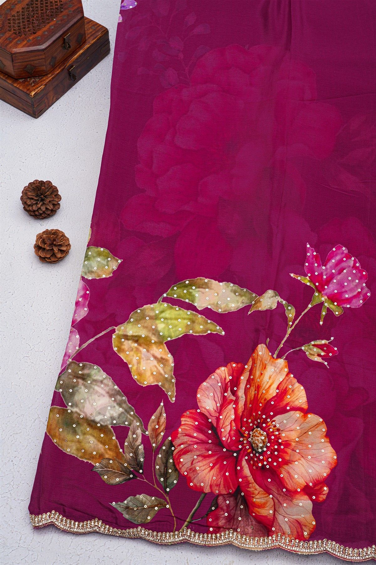 Designer Georgette Purple Saree With Florals And Diamonds With Kardhana Work Border