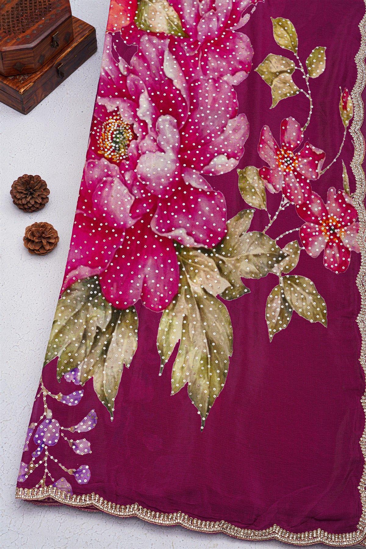 Designer Georgette Purple Saree With Florals And Diamonds With Kardhana Work Border