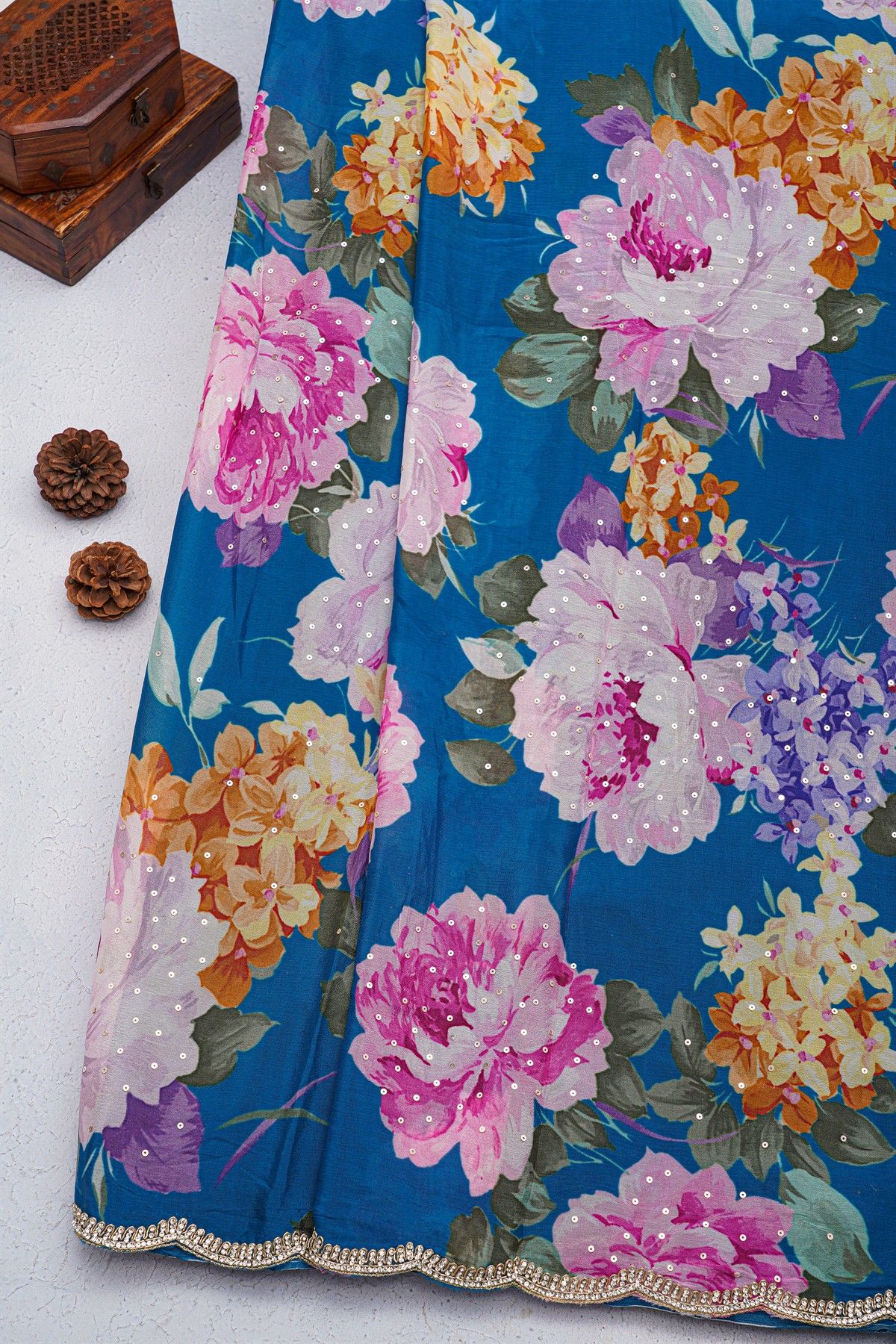 Designer Georgette Blue Saree With Florals In Kardhana Work Border