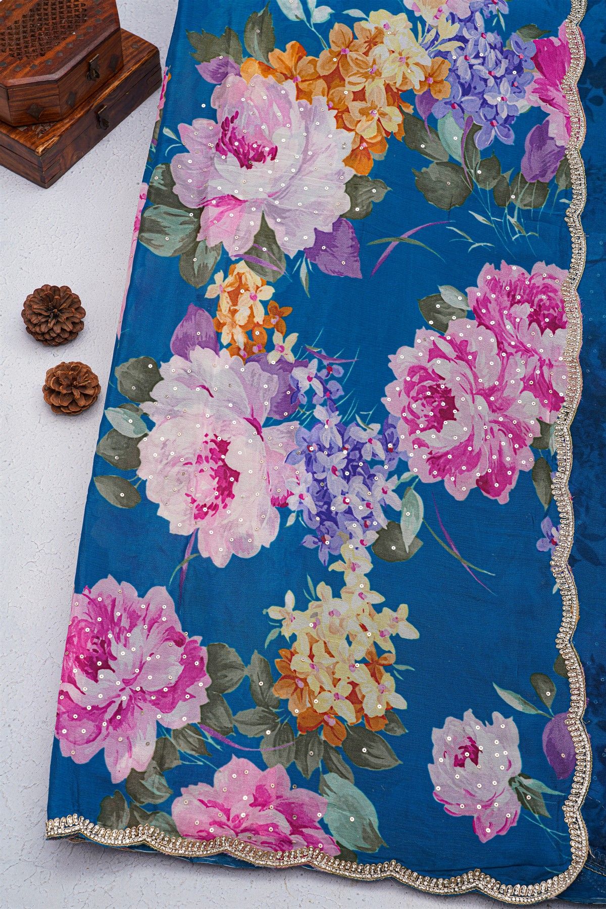 Designer Georgette Blue Saree With Florals In Kardhana Work Border