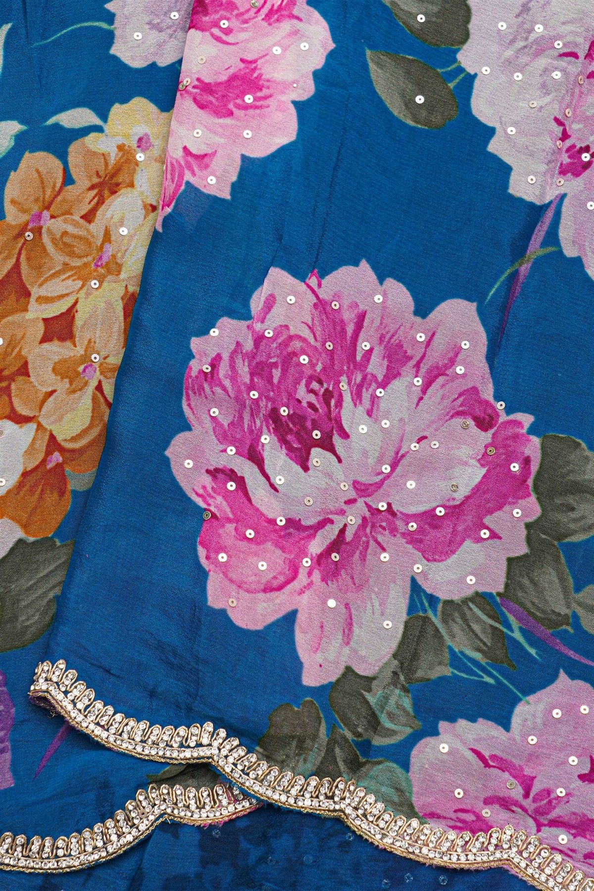 Designer Georgette Blue Saree With Florals In Kardhana Work Border
