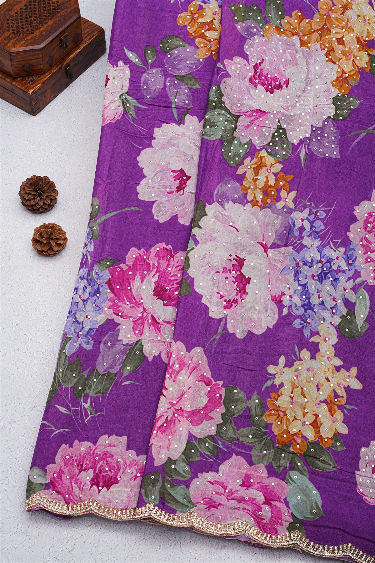 Designer Georgette Purple Saree With Florals And Diamonds With Kardhana Work Border