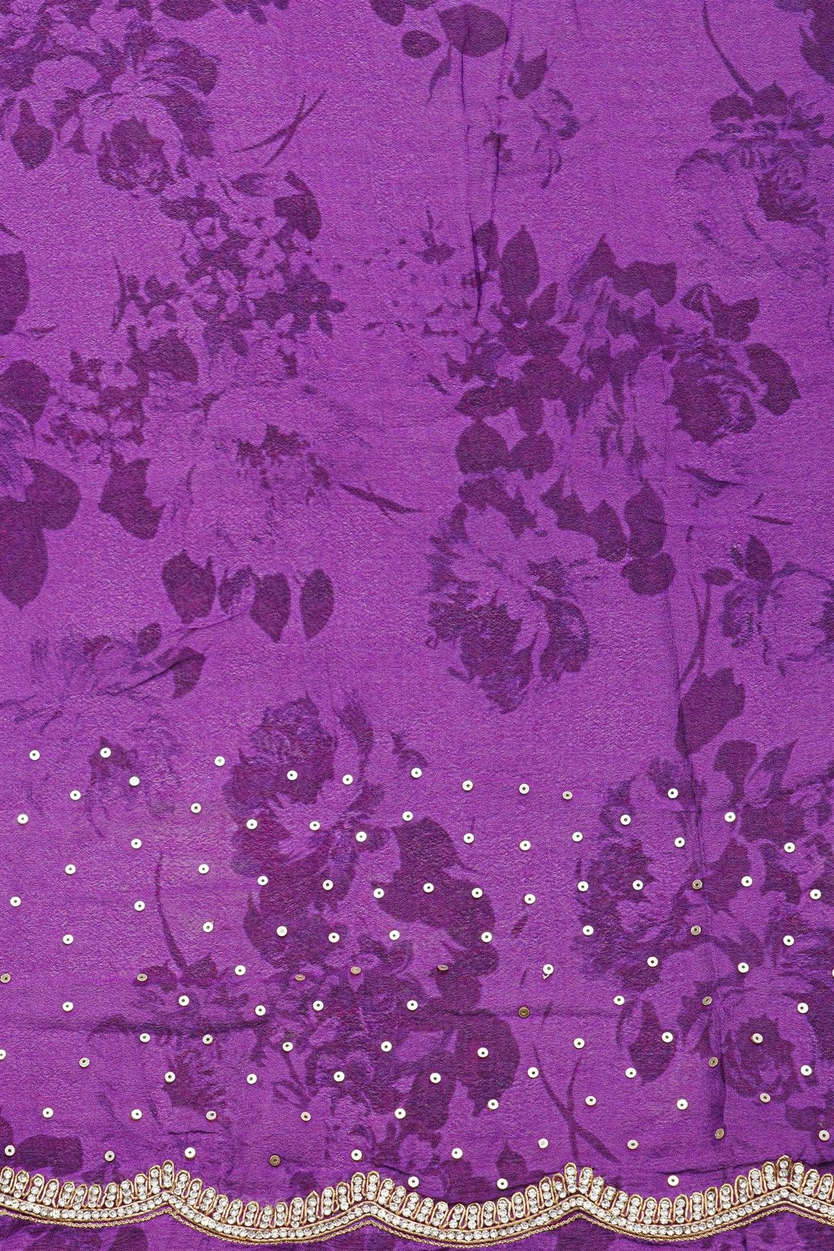 Designer Georgette Purple Saree With Florals And Diamonds With Kardhana Work Border