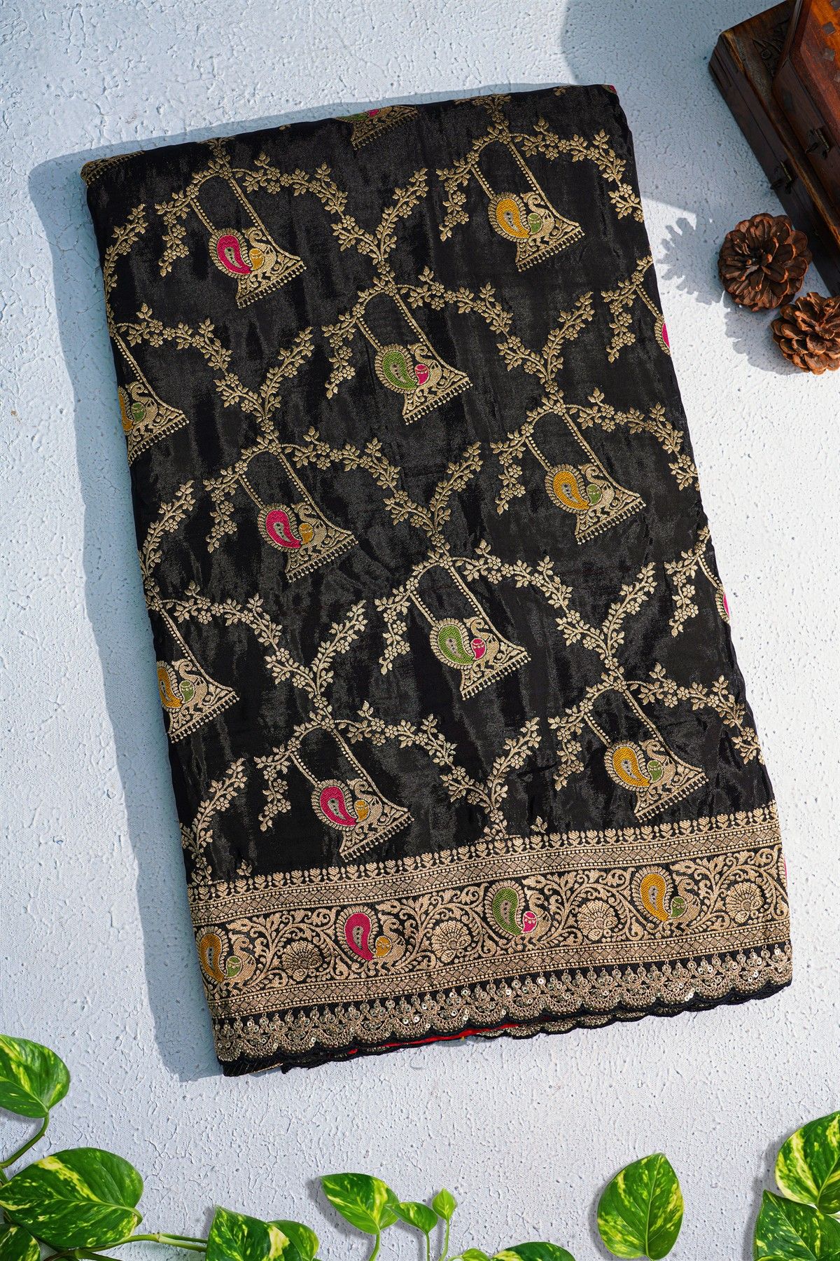Designer Georgette Black Saree With Florals And Peacocks With Diamond Border