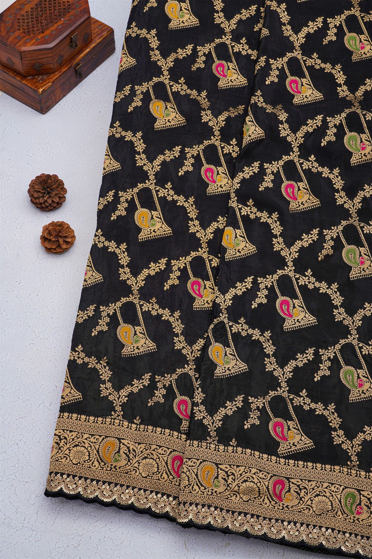 Designer Georgette Black Saree With Florals And Peacocks With Diamond Border