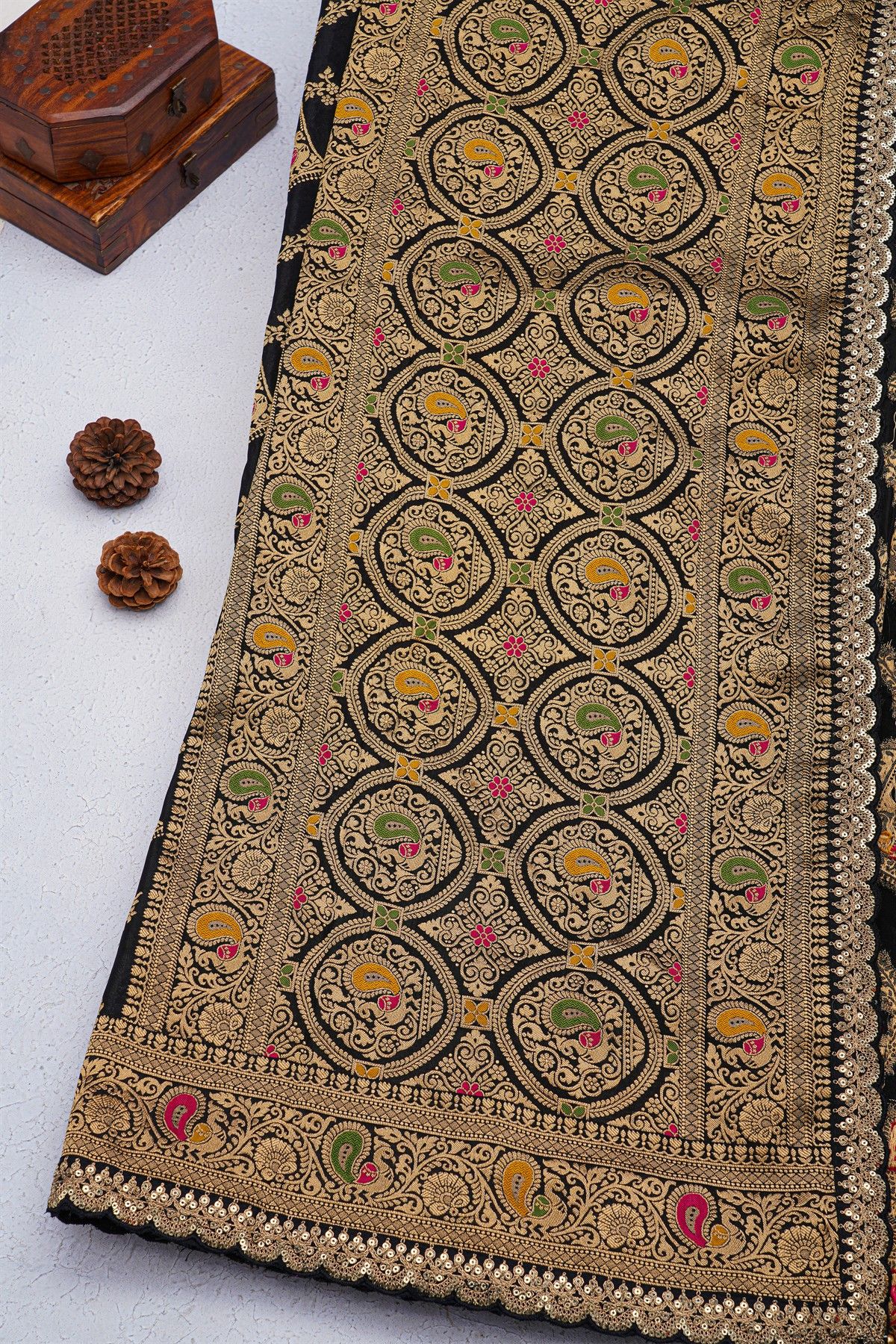 Designer Georgette Black Saree With Florals And Peacocks With Diamond Border