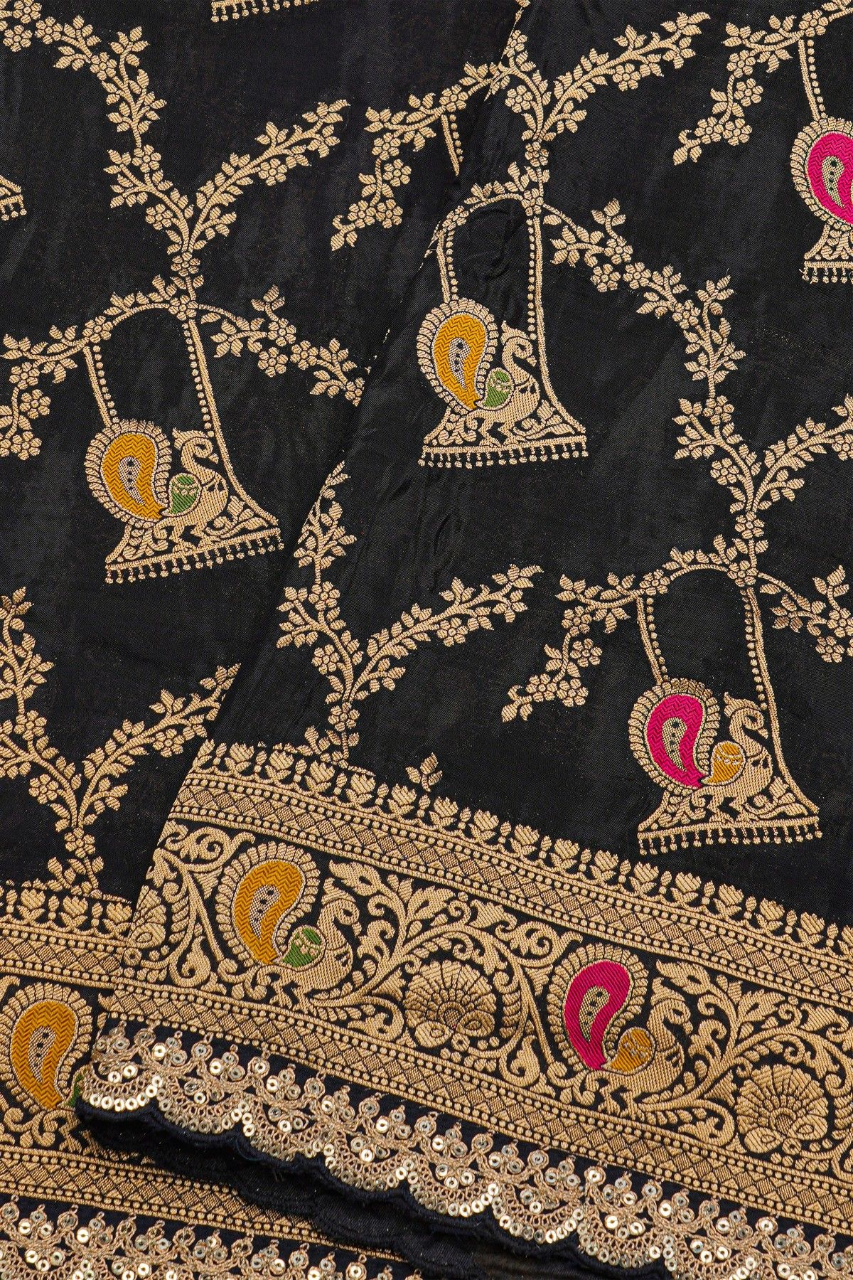 Designer Georgette Black Saree With Florals And Peacocks With Diamond Border
