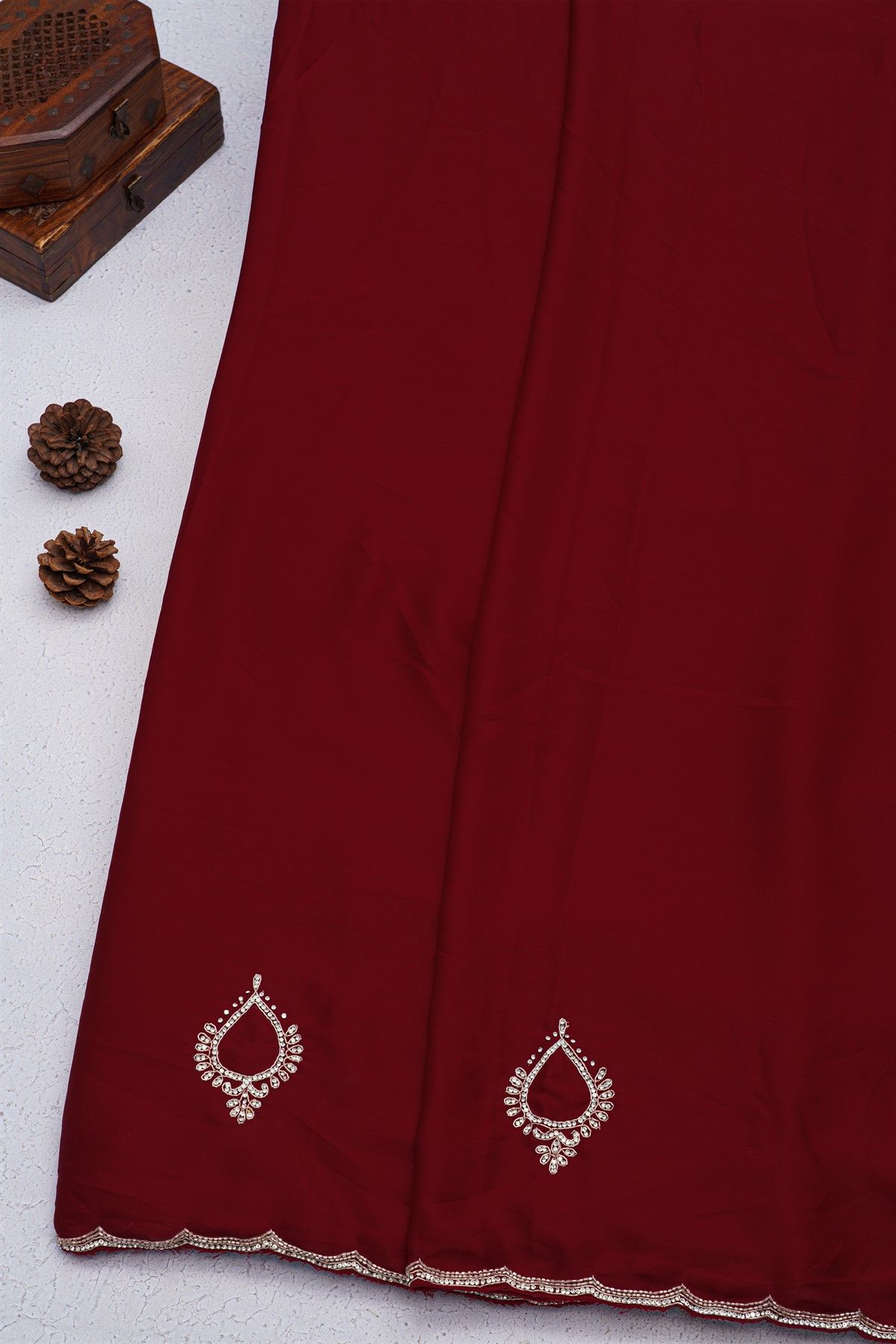 Designer Crepe Maroon Saree With Weaves Design In Kardhana Work Border