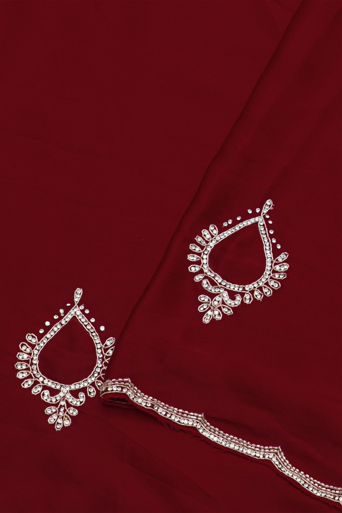 Designer Crepe Maroon Saree With Weaves Design In Kardhana Work Border