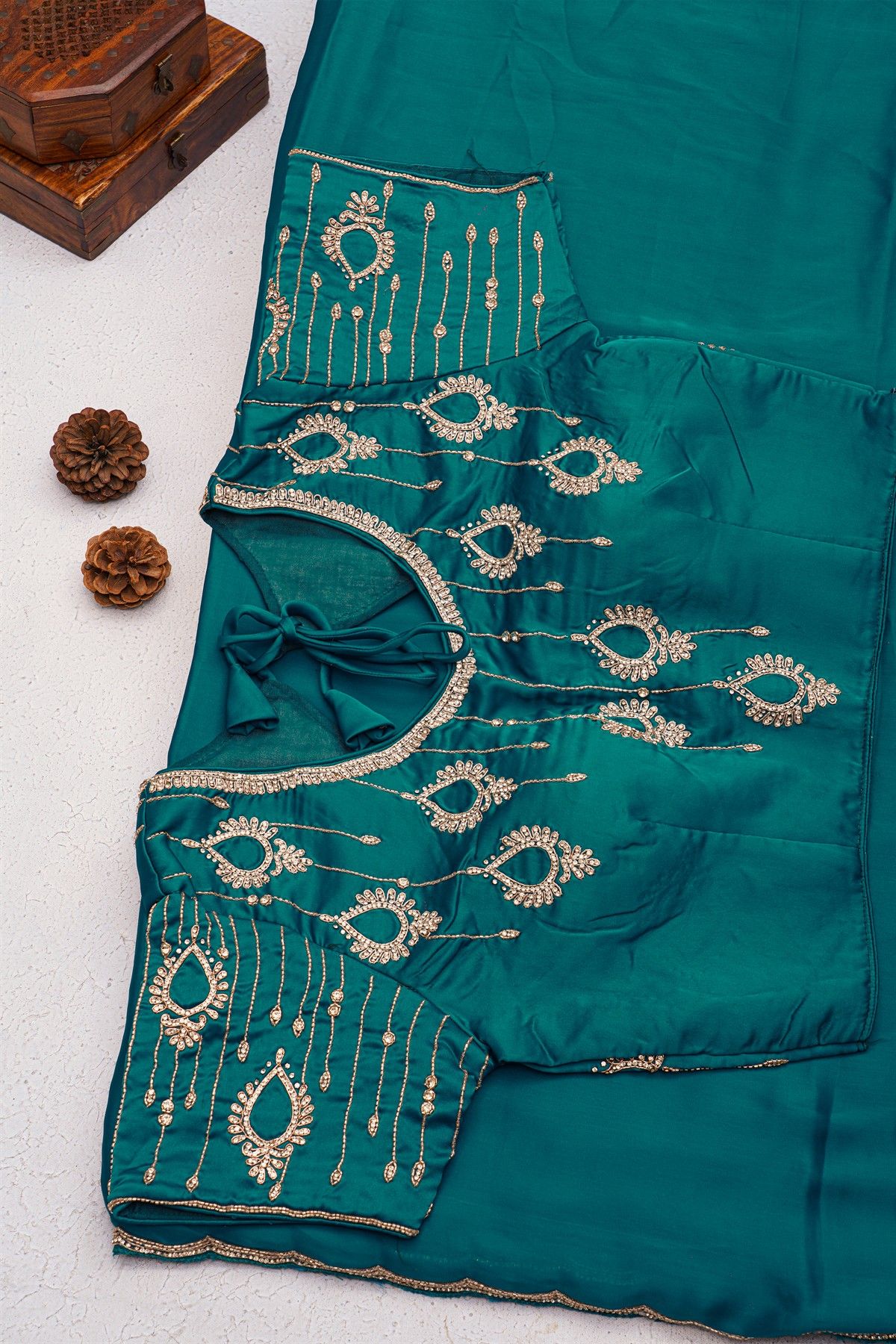 Designer Crepe Peacock Blue Saree With Waves Design In Kardhana Work Border