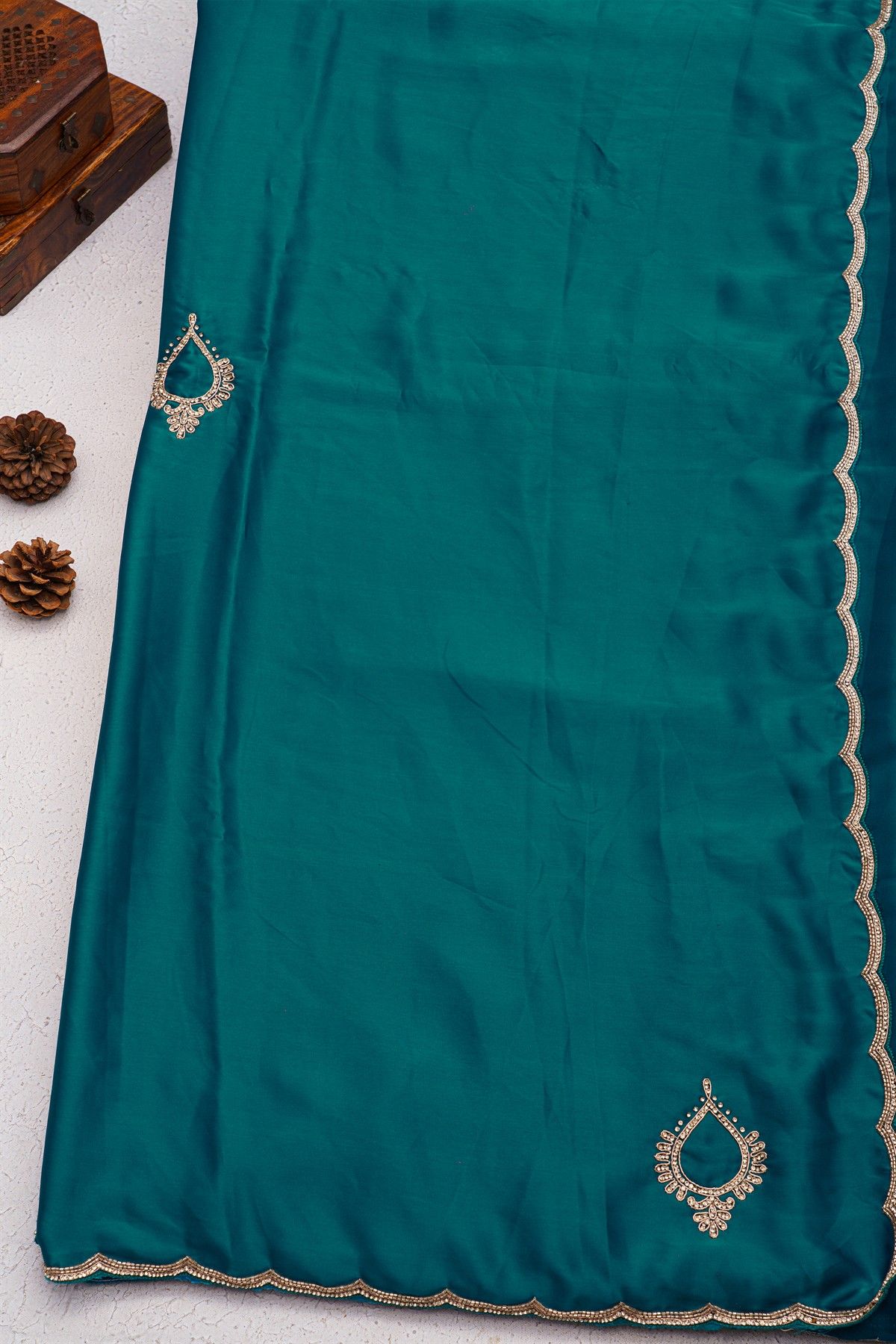 Designer Crepe Blue Saree With Weaves Design In Kardhana Work Border