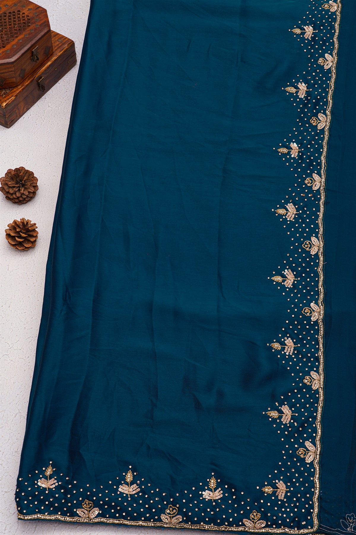 Designer Crepe Peacock Blue Saree With Florals And Diamonds With Kardhana Work Border