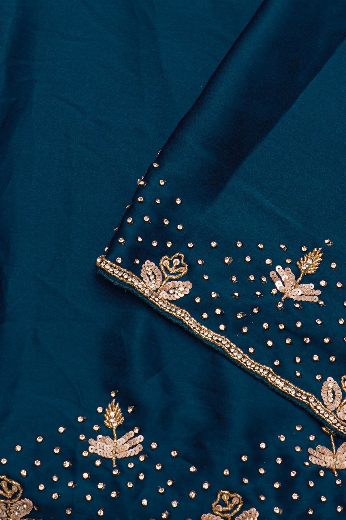 Designer Crepe Peacock Blue Saree With Florals And Diamonds With Kardhana Work Border