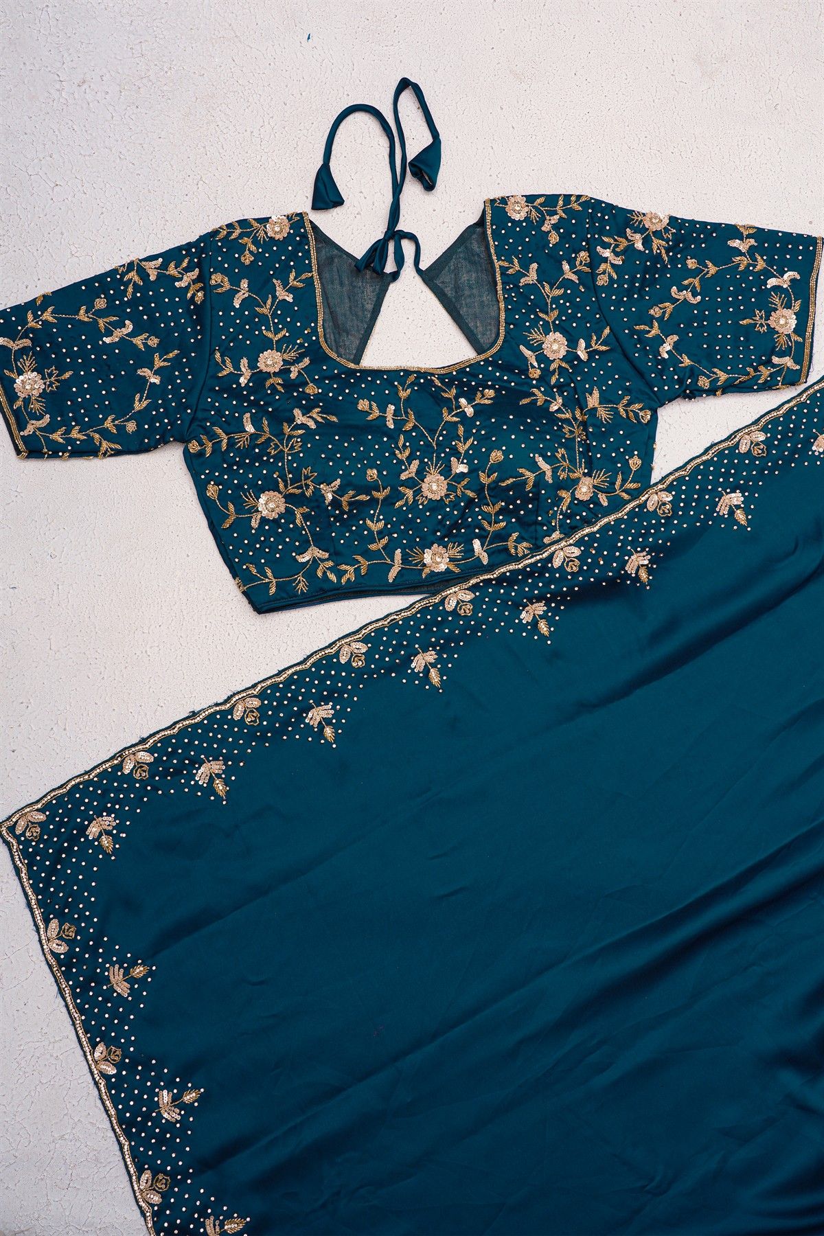 Designer Crepe Peacock Blue Saree With Florals And Diamonds With Kardhana Work Border
