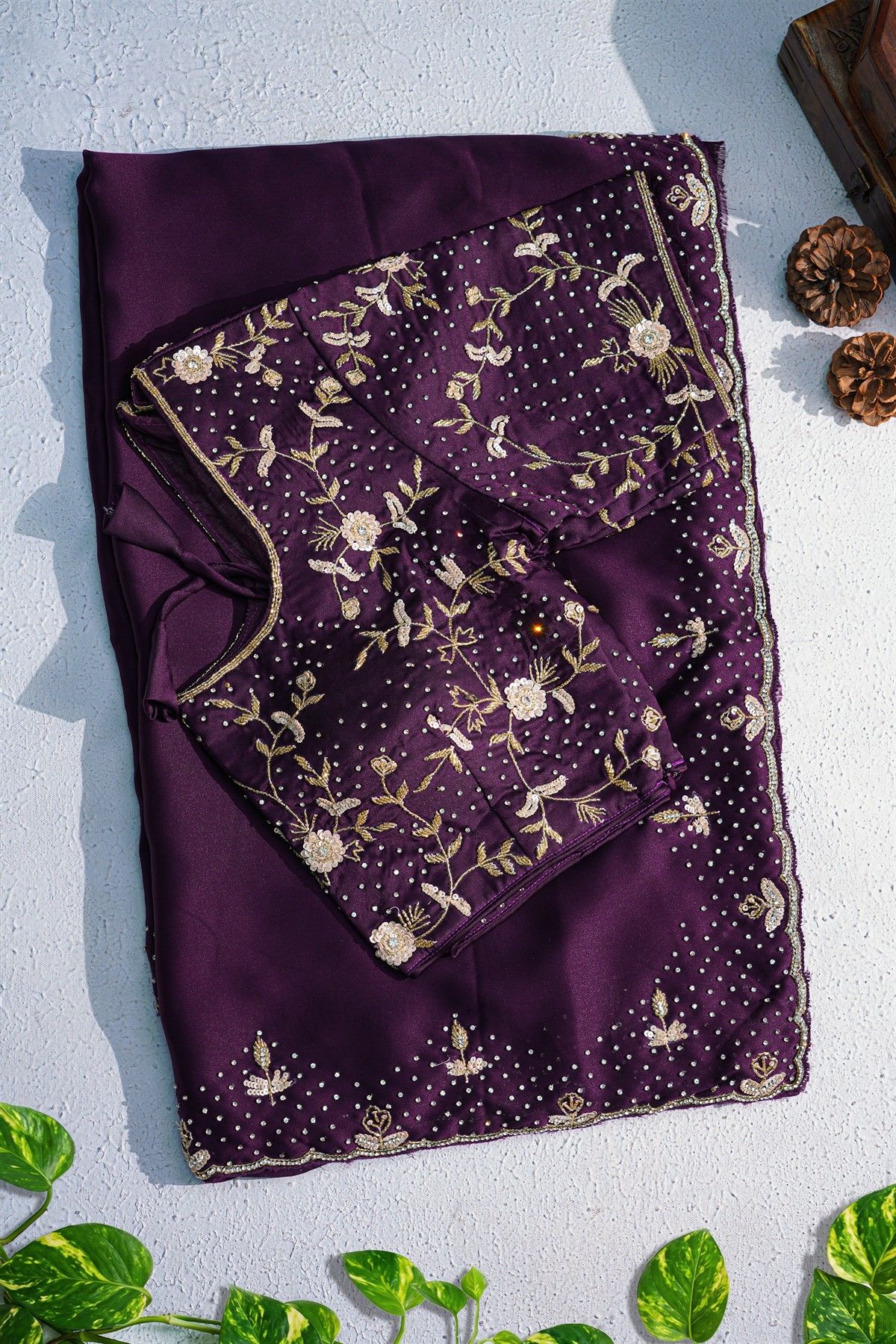 Designer Crepe Purple Saree With Florals And Diamonds With Kardhana Work Border