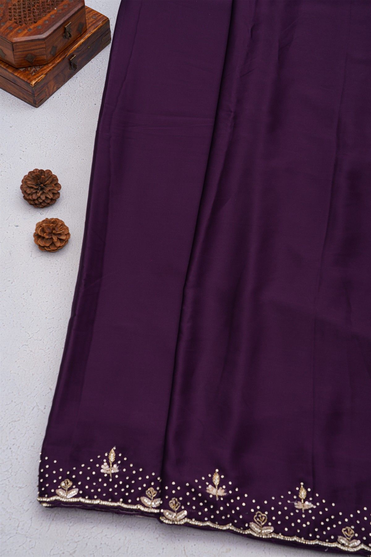 Designer Crepe Purple Saree With Florals And Diamonds With Kardhana Work Border