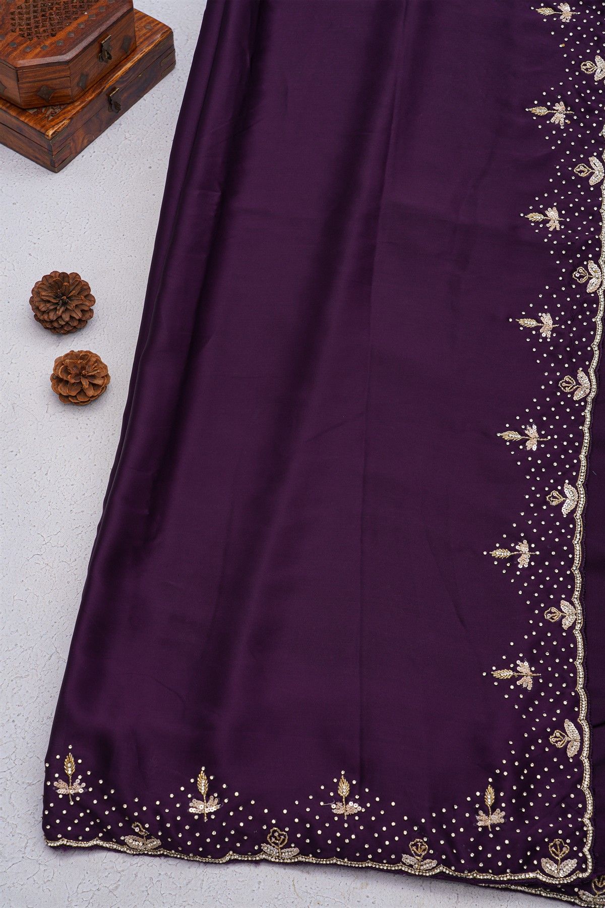 Designer Crepe Purple Saree With Florals And Diamonds With Kardhana Work Border