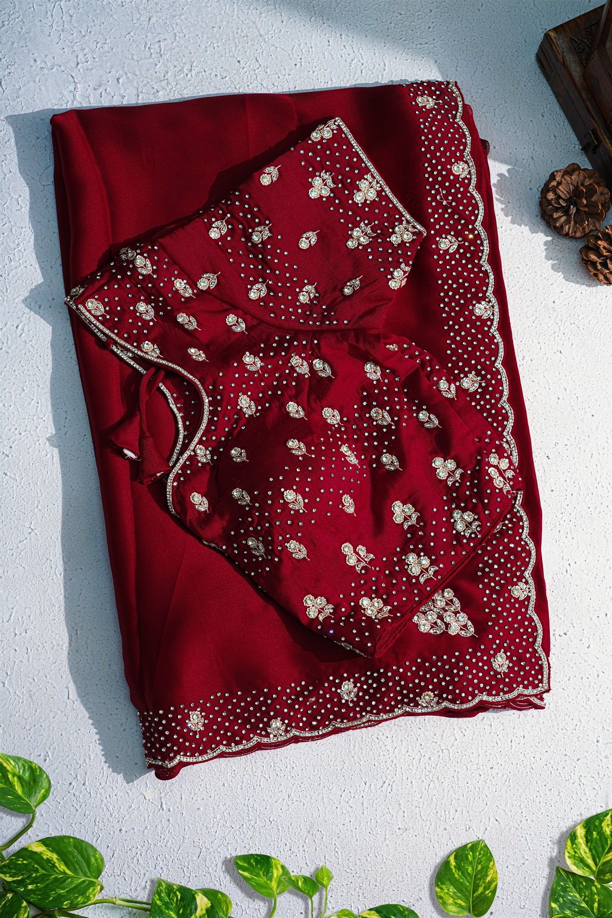 Designer Crepe Maroon Saree With Florals And Diamonds With Kardhana Work Border