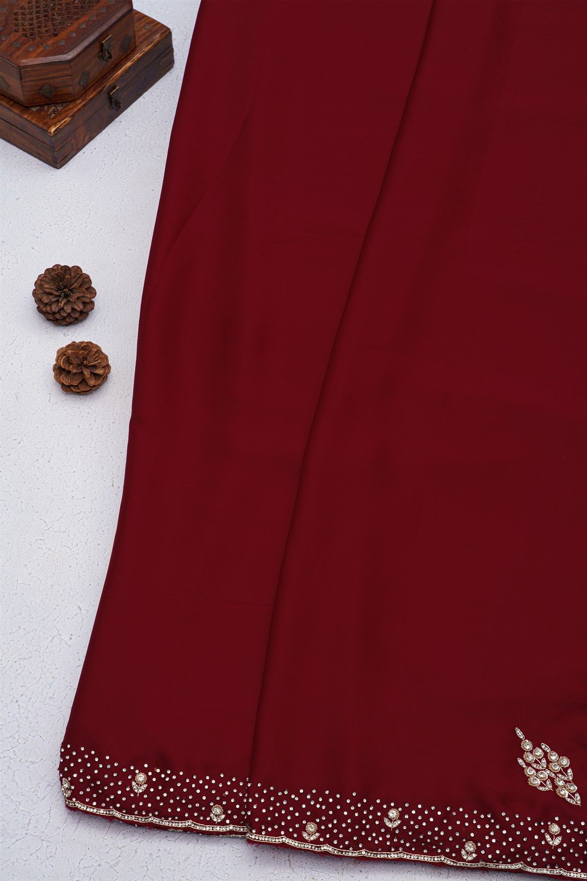 Designer Crepe Maroon Saree With Florals And Diamonds With Kardhana Work Border
