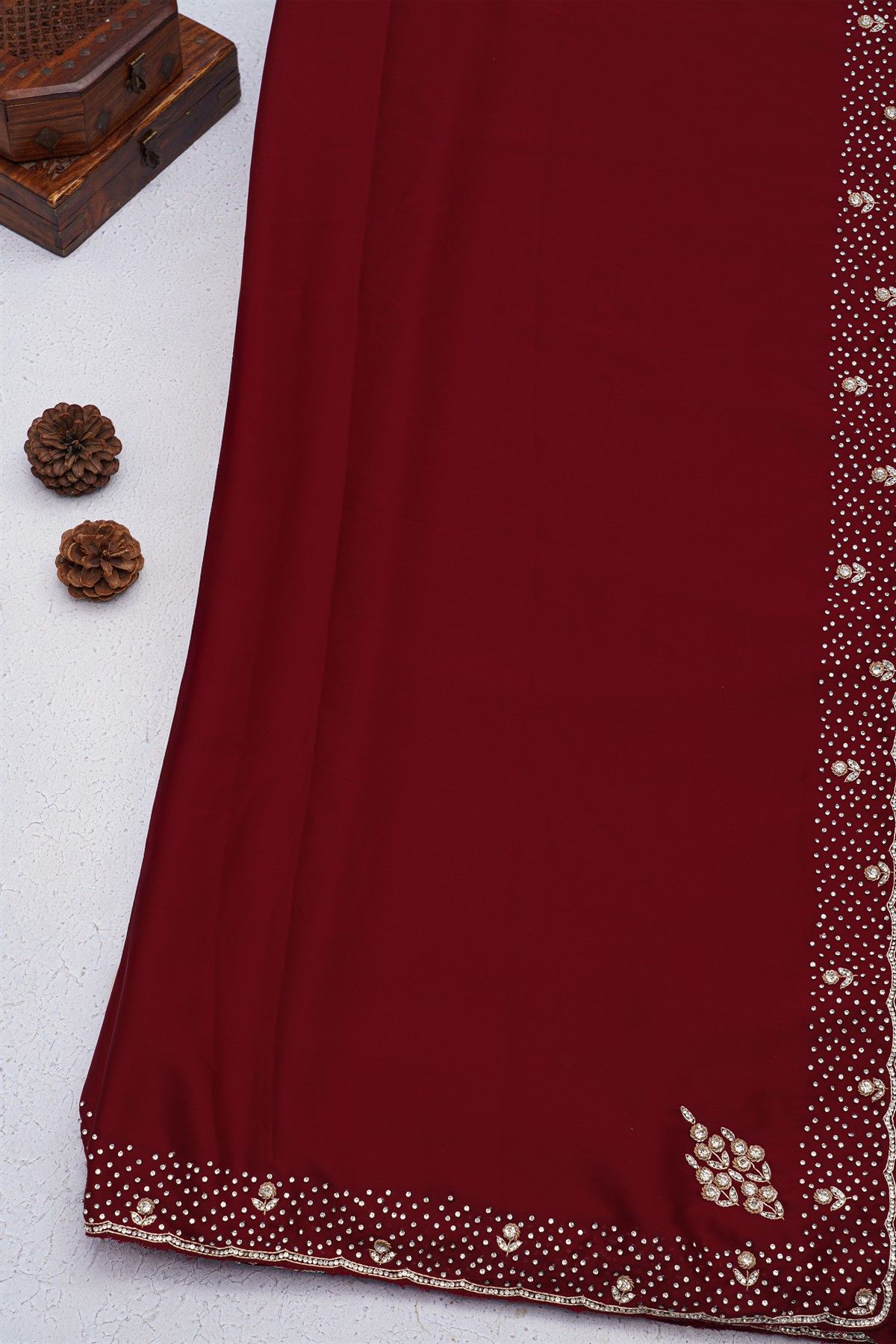Designer Crepe Maroon Saree With Florals And Diamonds With Kardhana Work Border