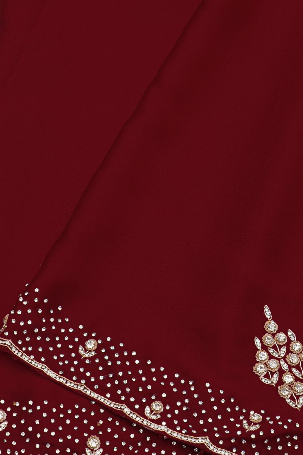 Designer Crepe Maroon Saree With Florals And Diamonds With Kardhana Work Border