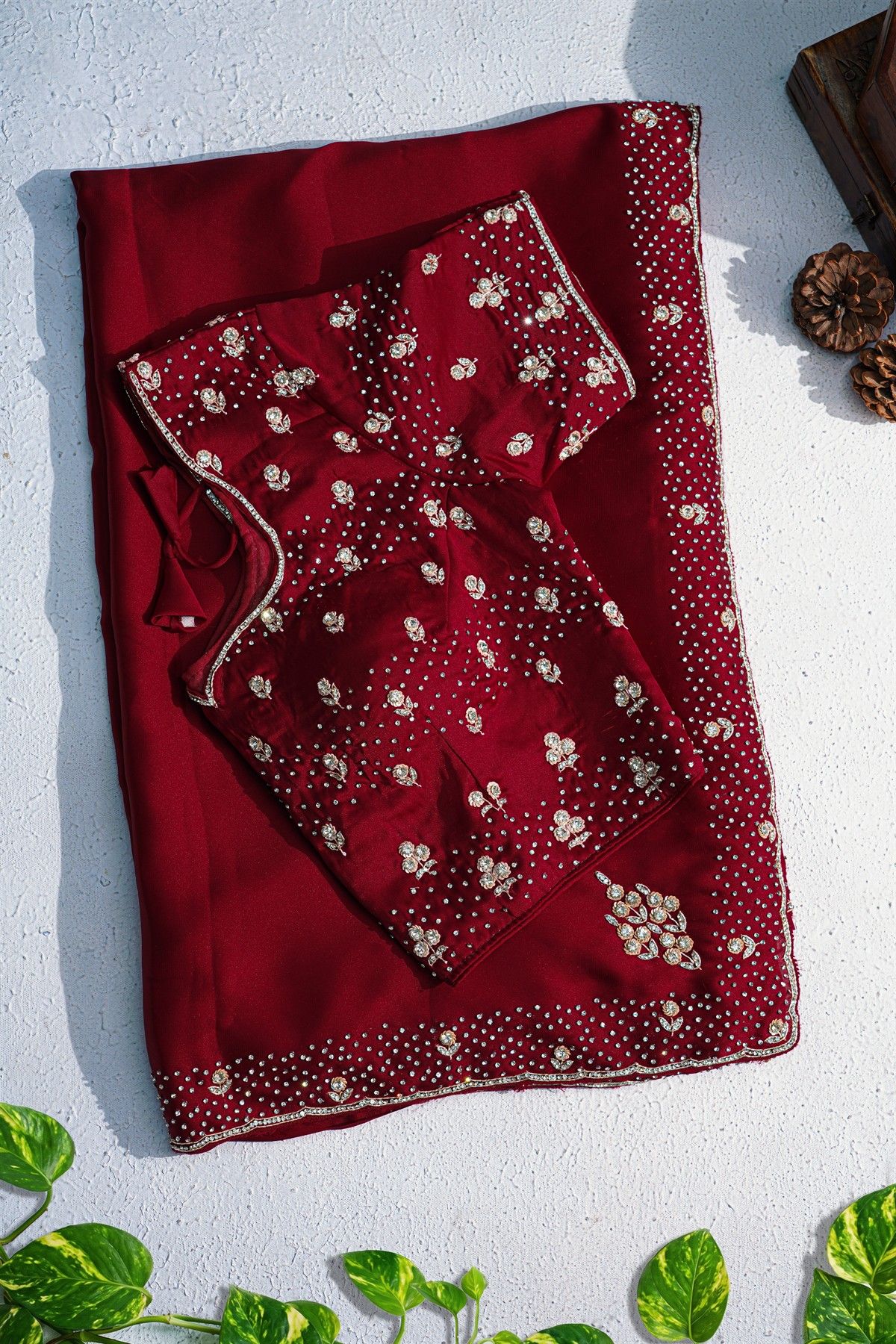 Designer Crepe Maroon Saree With Florals And Diamonds With Kardhana Work Border
