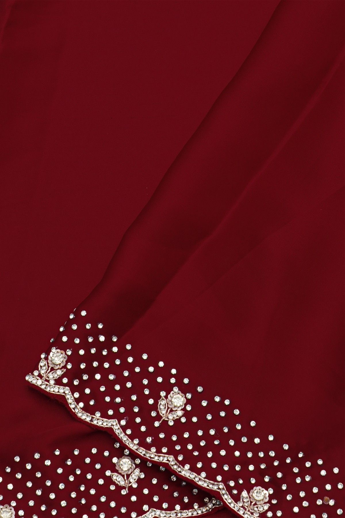 Designer Crepe Maroon Saree With Florals And Diamonds With Kardhana Work Border