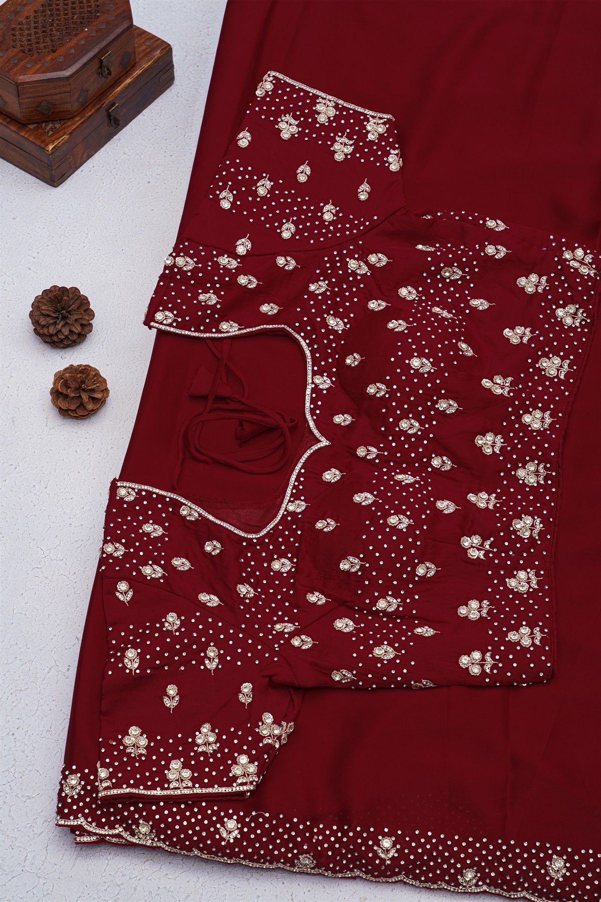 Designer Crepe Maroon Saree With Florals And Diamonds With Kardhana Work Border