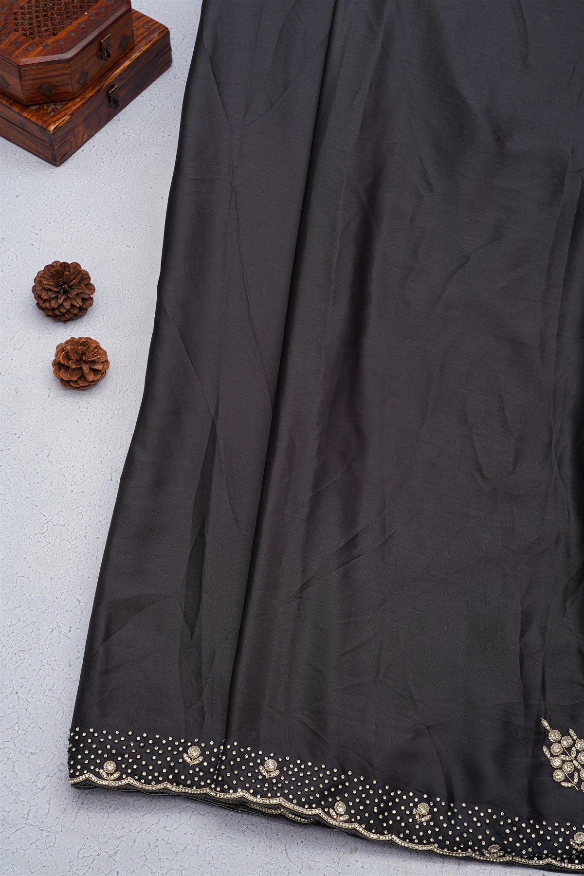 Designer Crepe Black Saree With Florals And Diamonds With Kardhana Work Border
