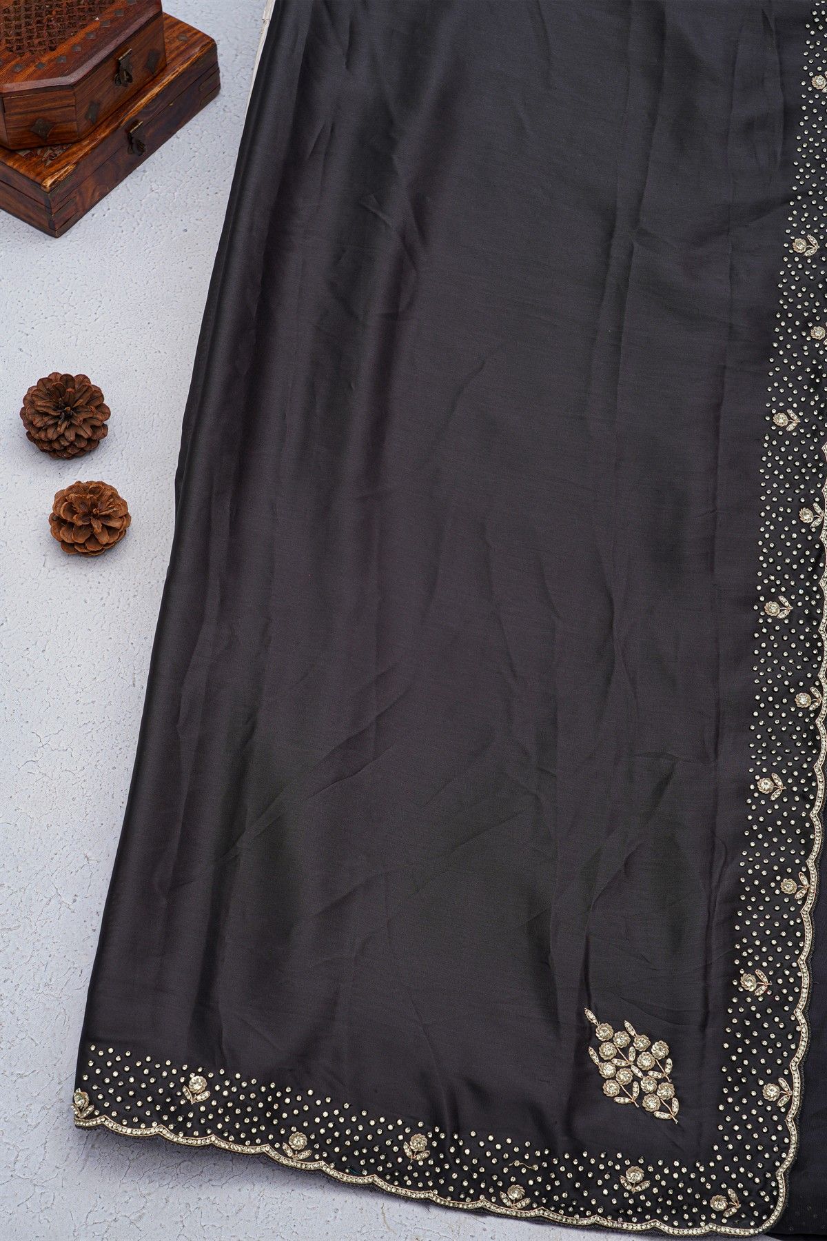 Designer Crepe Black Saree With Florals And Diamonds With Kardhana Work Border