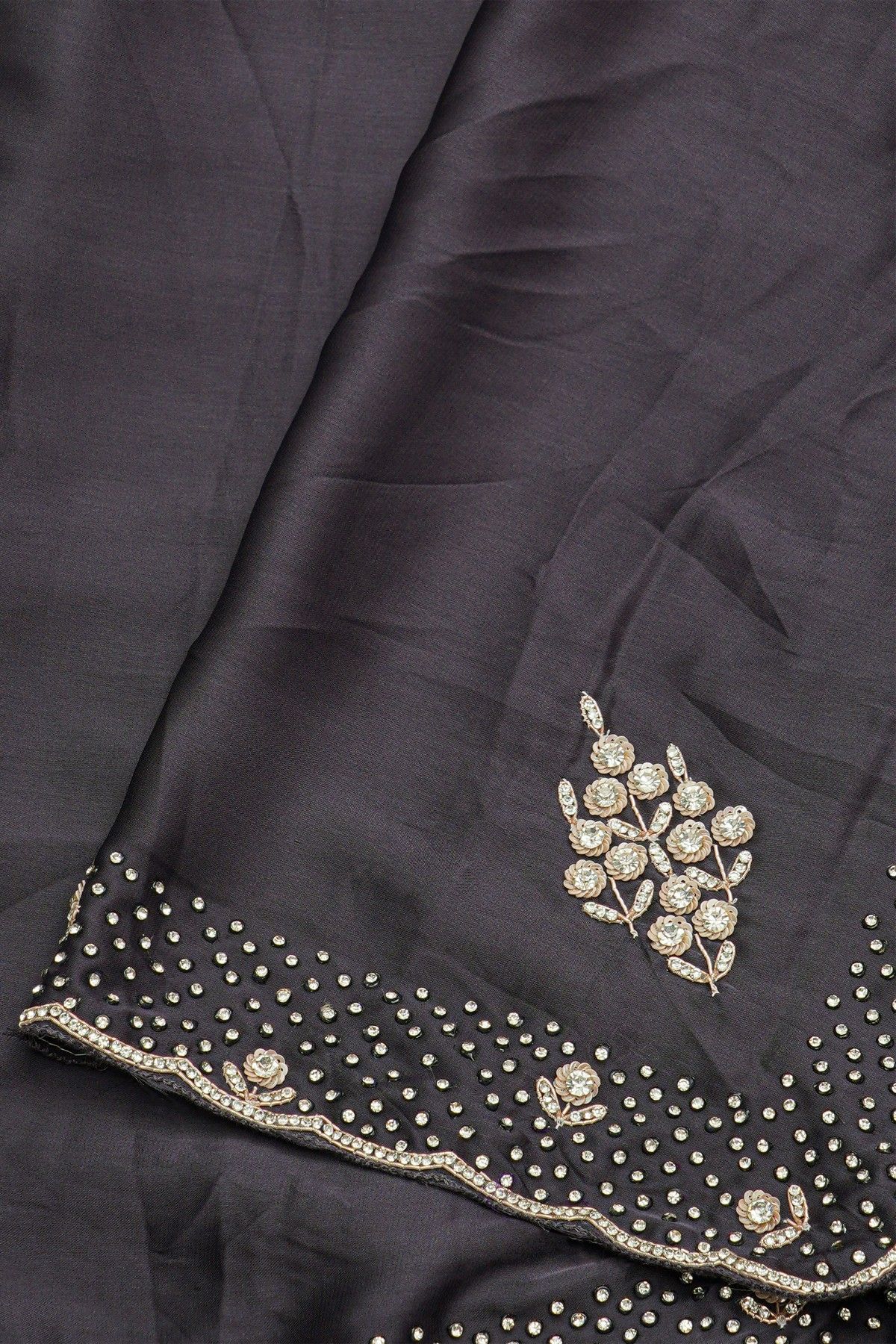 Designer Crepe Black Saree With Florals And Diamonds With Kardhana Work Border