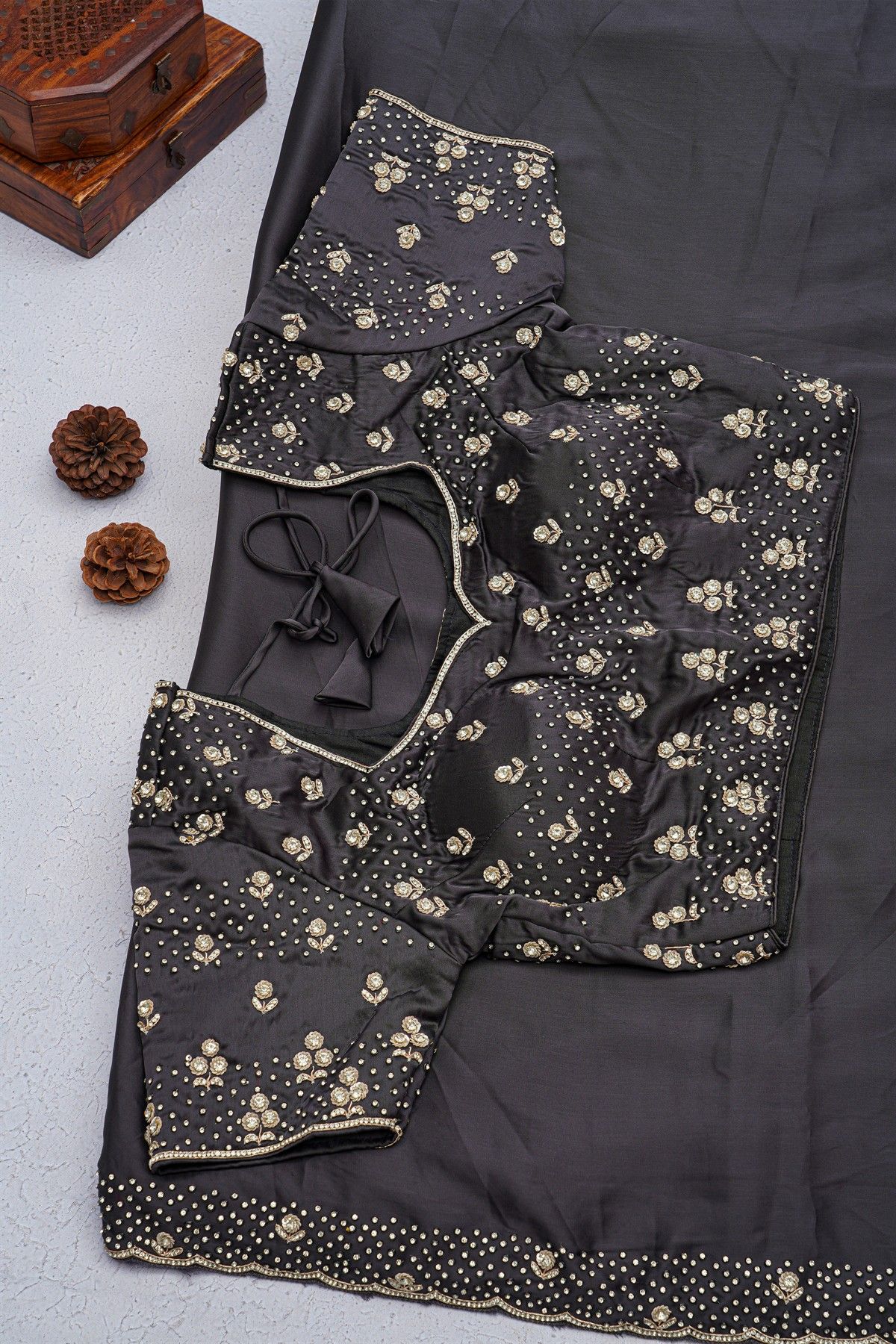 Designer Crepe Black Saree With Florals And Diamonds With Kardhana Work Border