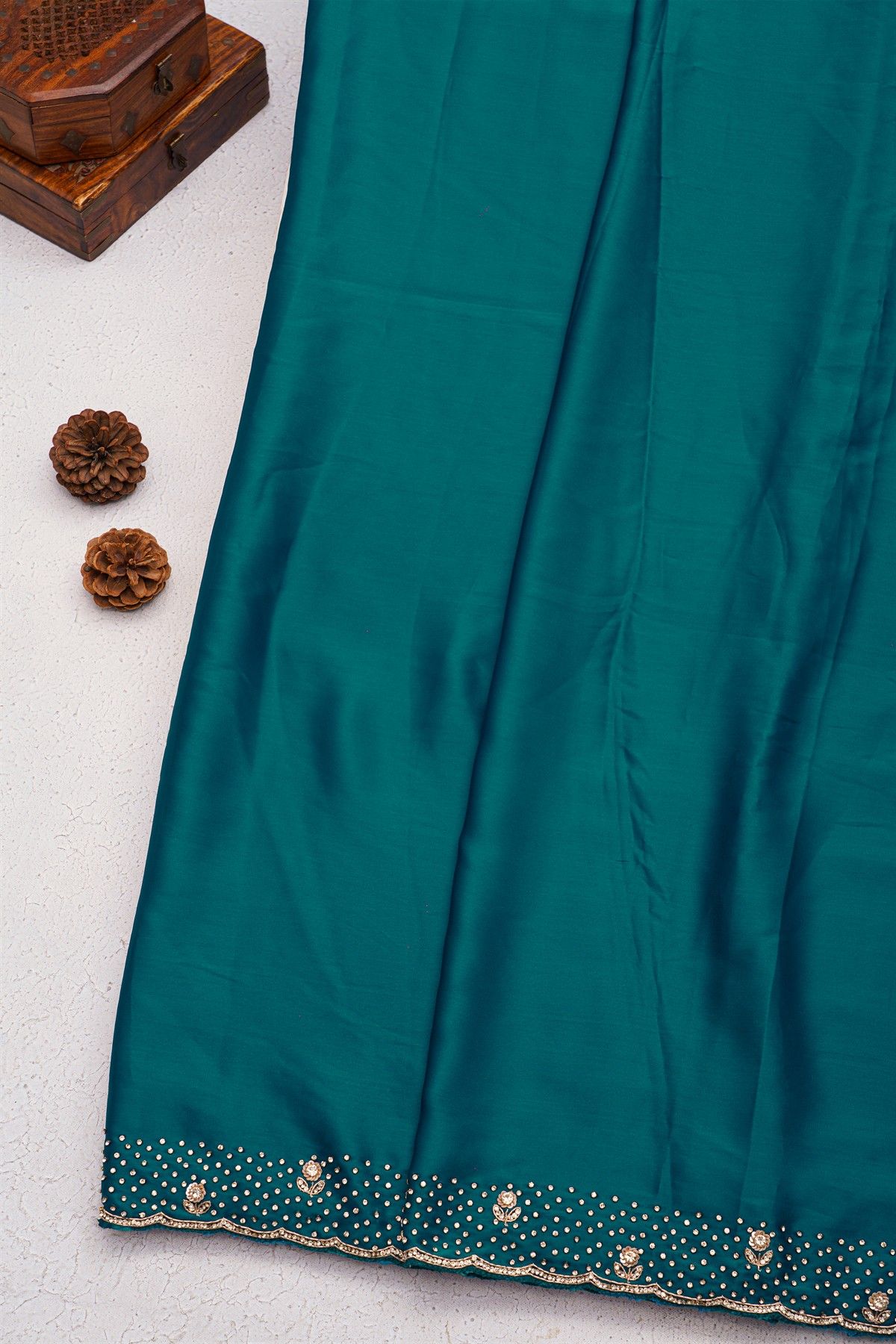 Designer Crepe Peacock Blue Saree With Florals And Diamonds With Kardhana Work Border