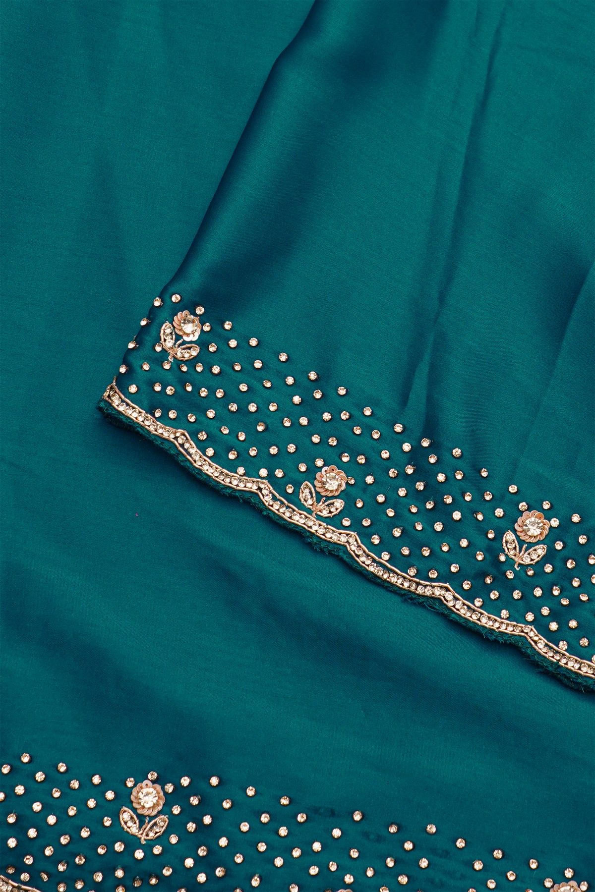 Designer Crepe Peacock Blue Saree With Florals And Diamonds With Kardhana Work Border