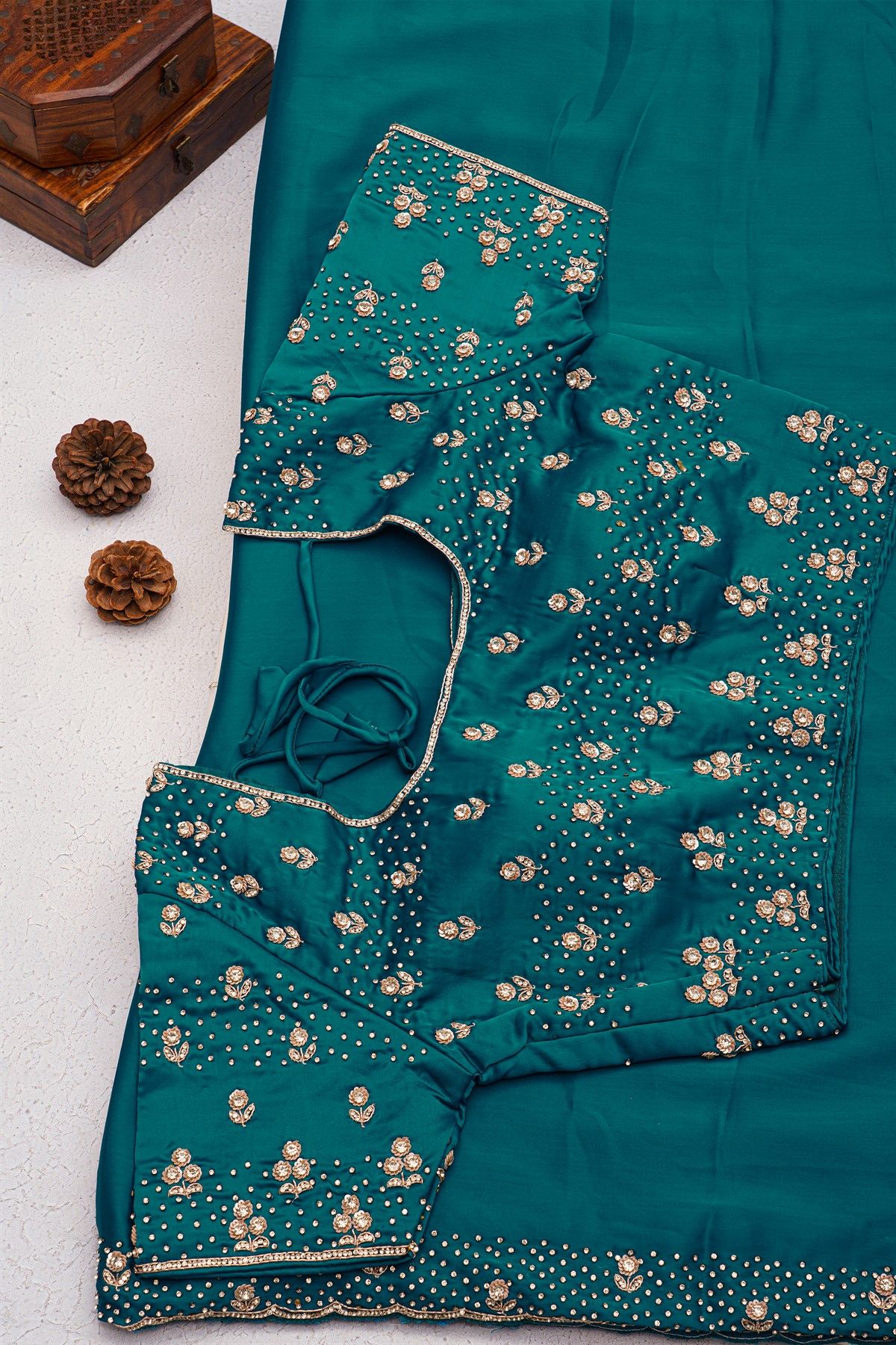 Designer Crepe Peacock Blue Saree With Florals And Diamonds With Kardhana Work Border