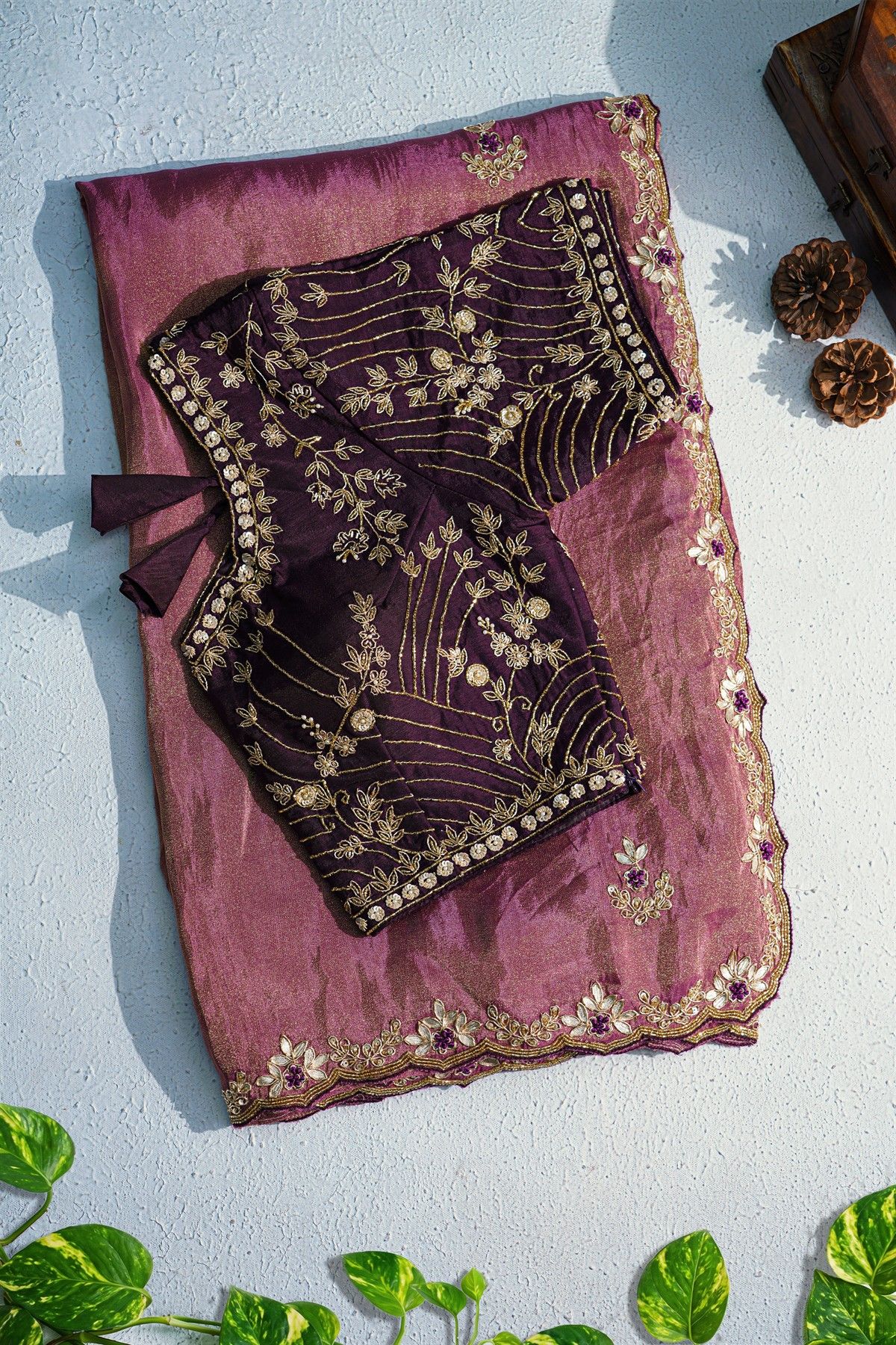 Designer Crepe Purple Saree With Floral Jaal In Zardozi Work Border