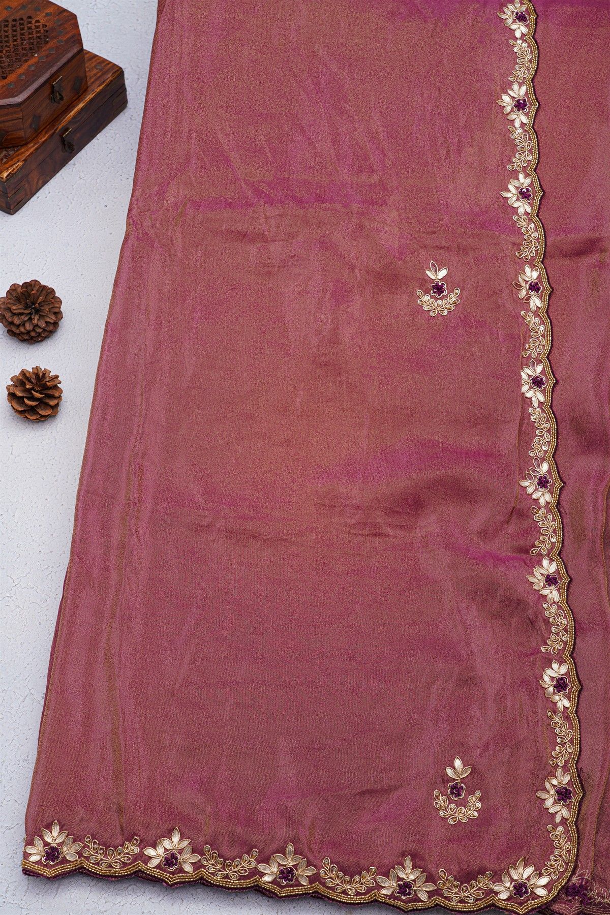 Designer Crepe Purple Saree With Floral Jaal In Zardozi Work Border