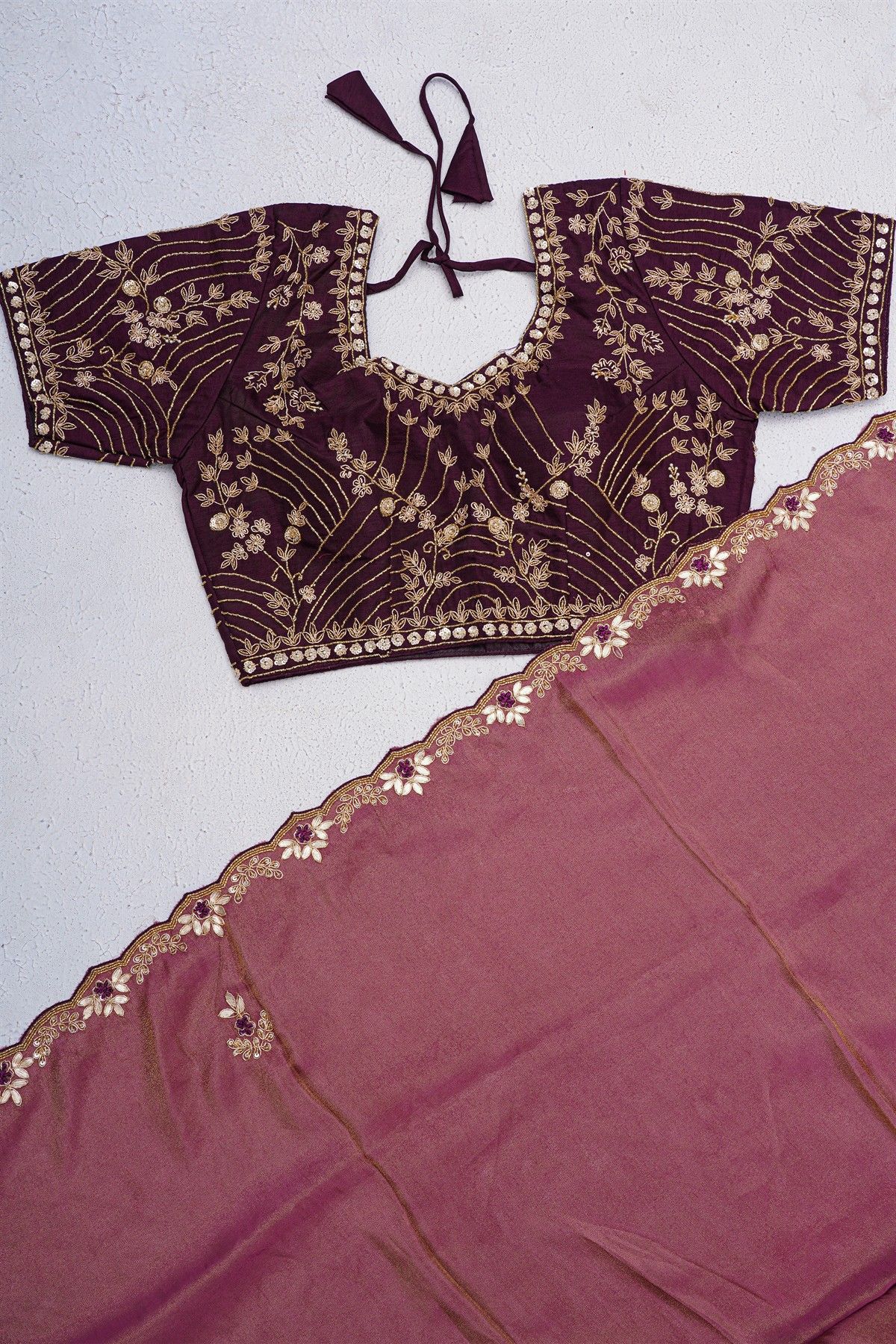 Designer Crepe Purple Saree With Floral Jaal In Zardozi Work Border